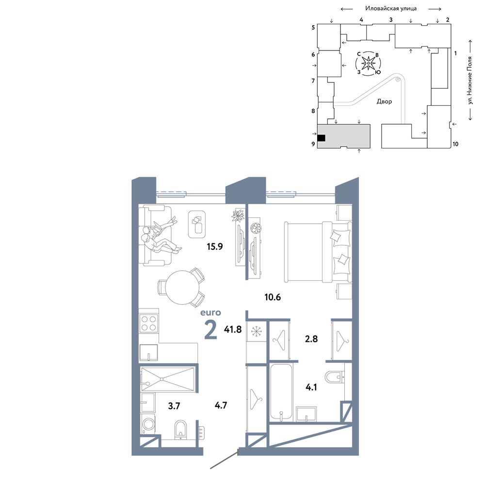 2-комнатная, 41,8 м² — 21 590 000 ₽