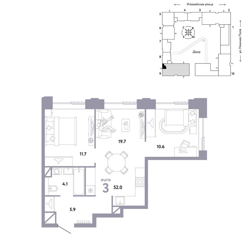 3-комнатная, 52 м² — 24 390 000 ₽