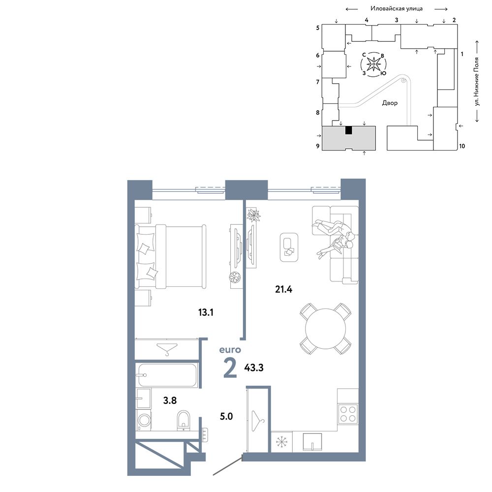 2-комнатная, 43,3 м² — 21 890 000 ₽