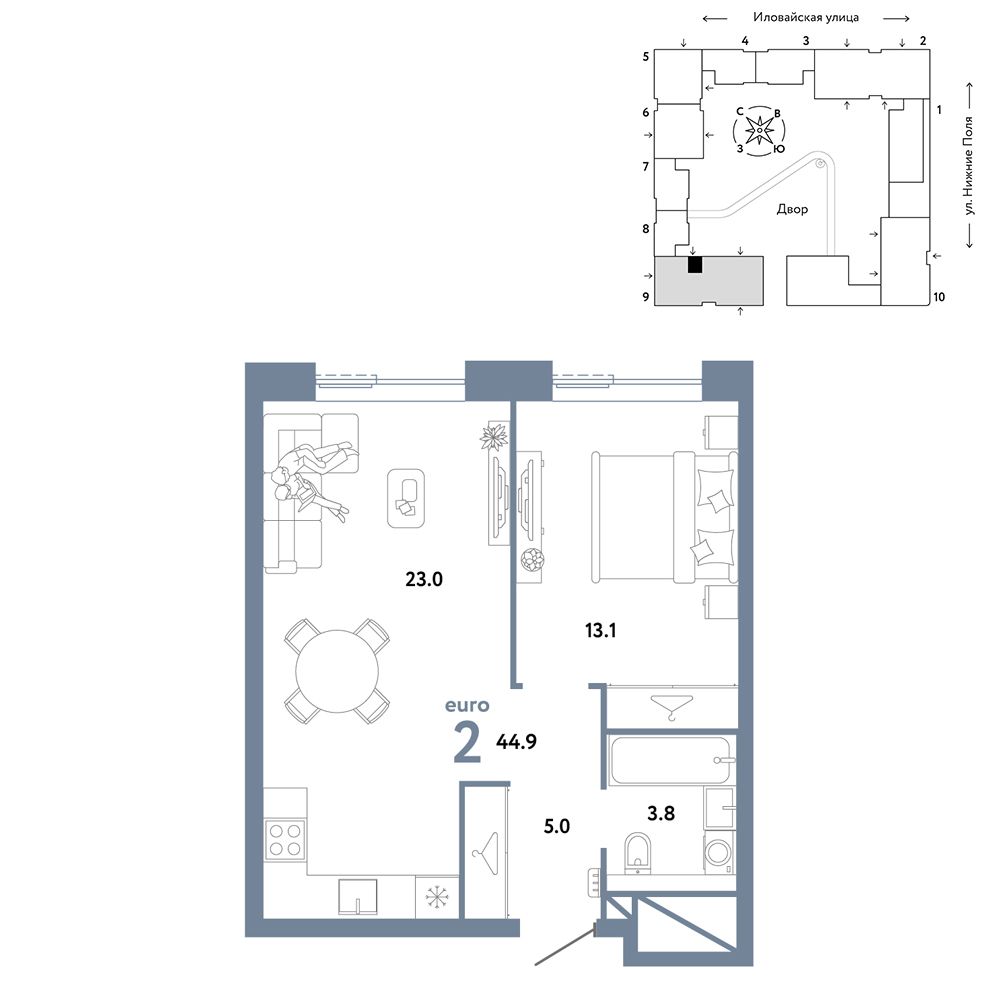 2-комнатная, 44,9 м² — 22 390 000 ₽