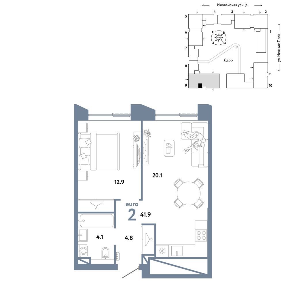 2-комнатная, 41,9 м² — 21 390 000 ₽