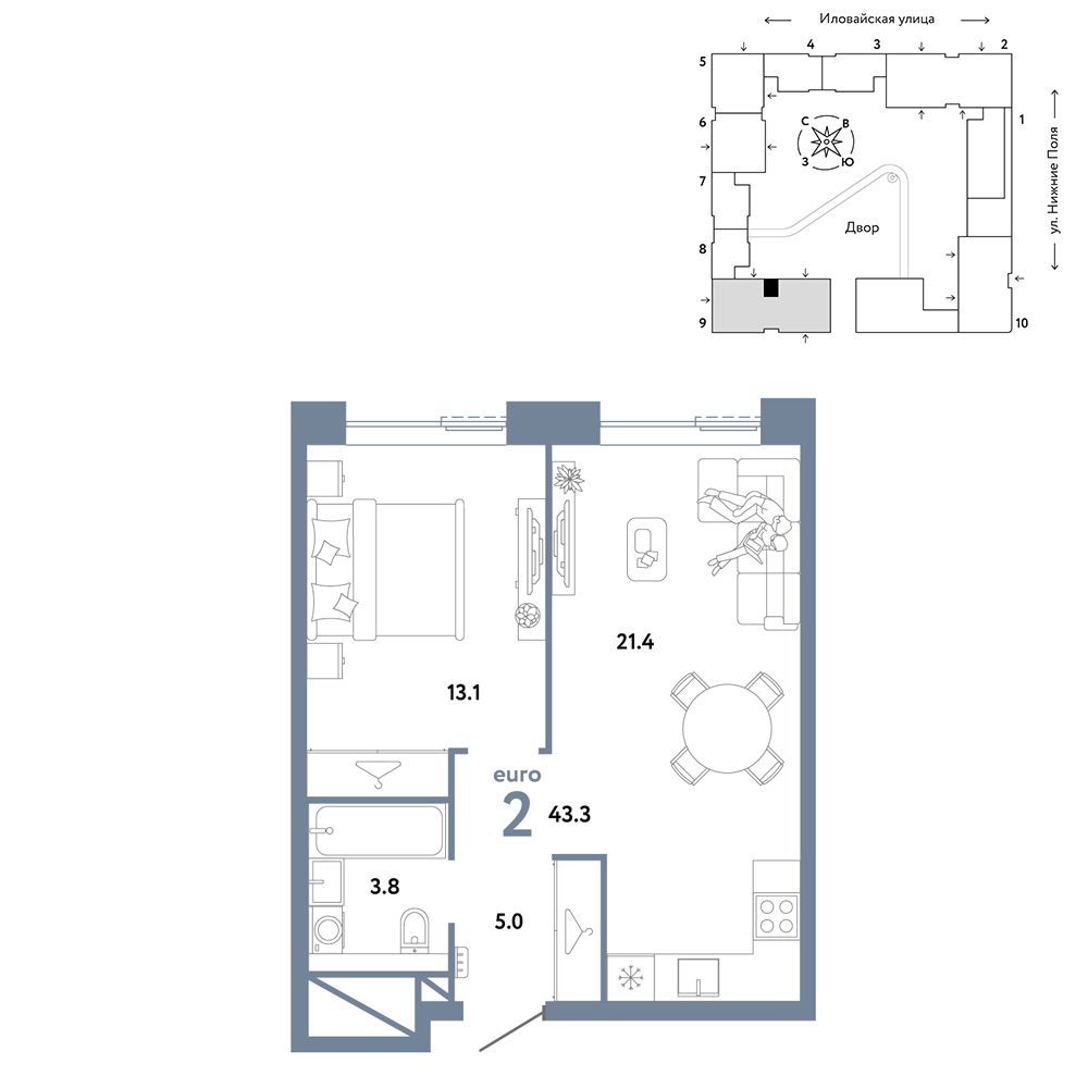 2-комнатная, 43,3 м² — 21 890 000 ₽