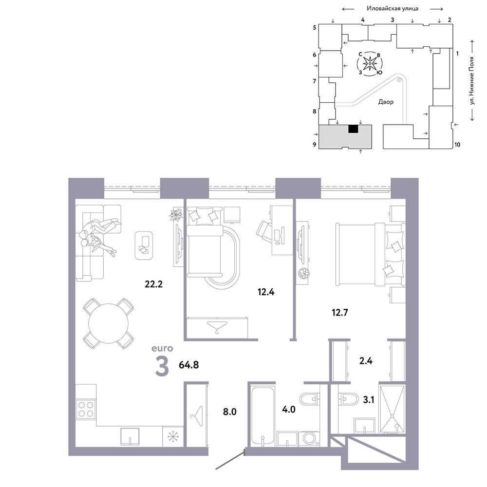 3-комнатная, 64,8 м² — 28 890 000 ₽