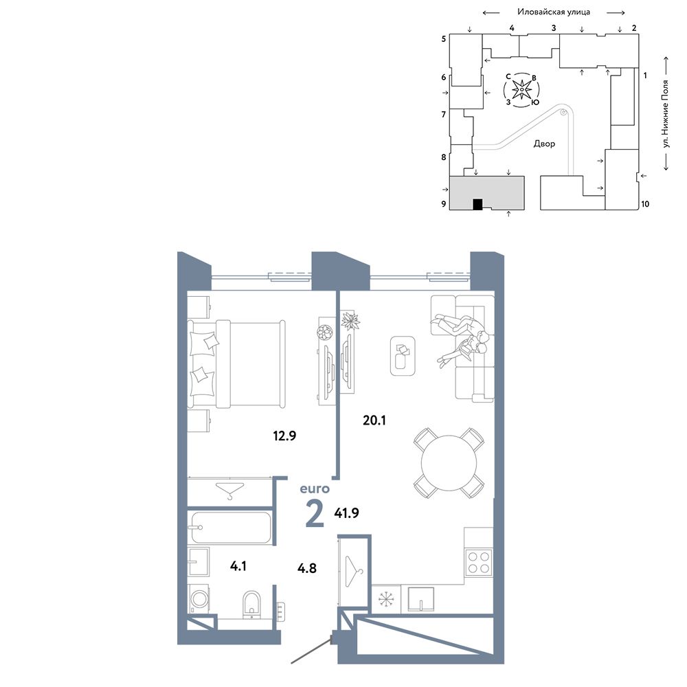 2-комнатная, 41,9 м² — 21 890 000 ₽