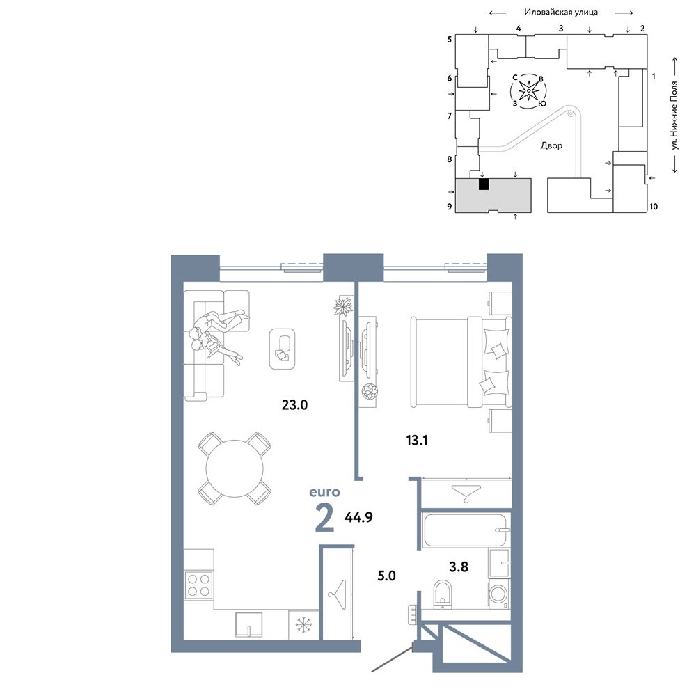 2-комнатная, 44,9 м² — 22 690 000 ₽