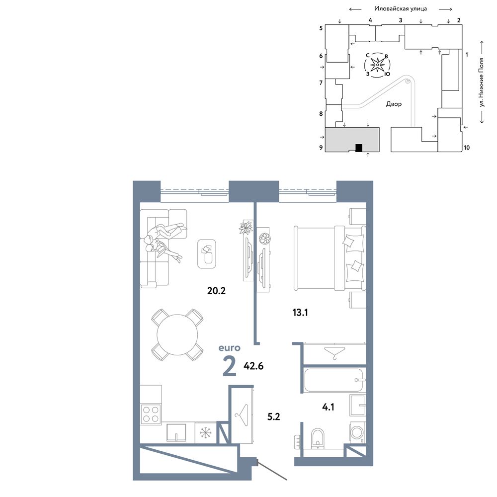 2-комнатная, 42,6 м² — 22 190 000 ₽