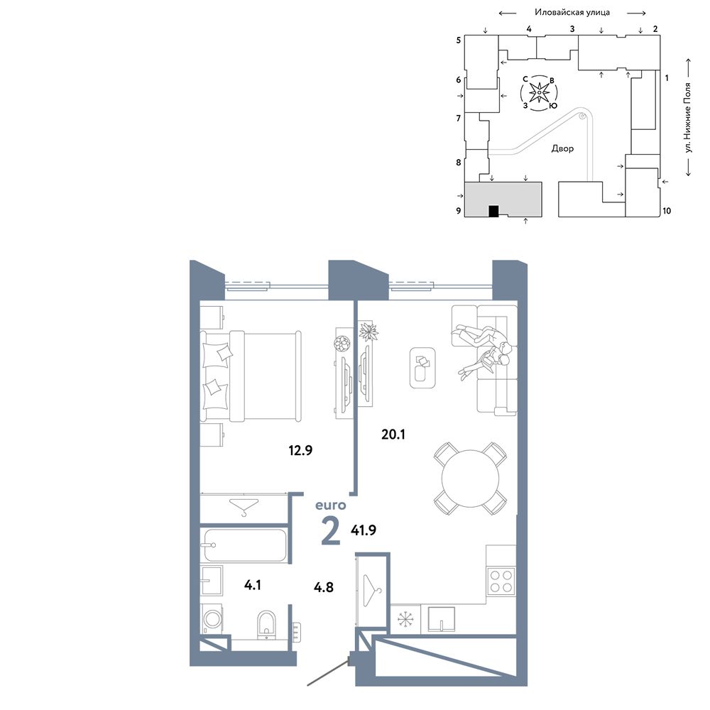 2-комнатная, 41,9 м² — 22 390 000 ₽