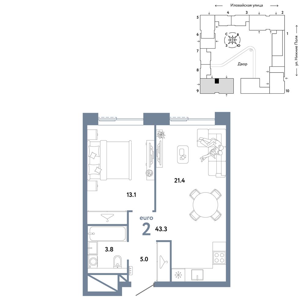 2-комнатная, 43,3 м² — 22 490 000 ₽