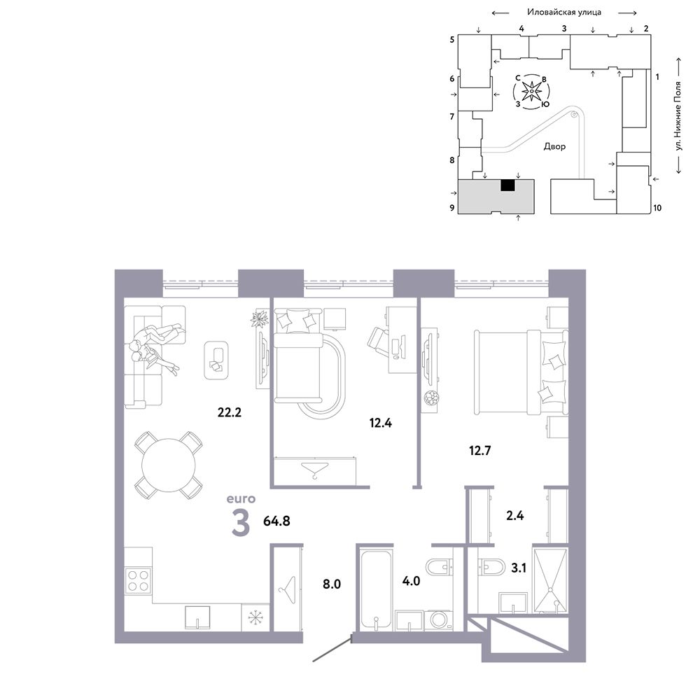 3-комнатная, 64,8 м² — 29 290 000 ₽