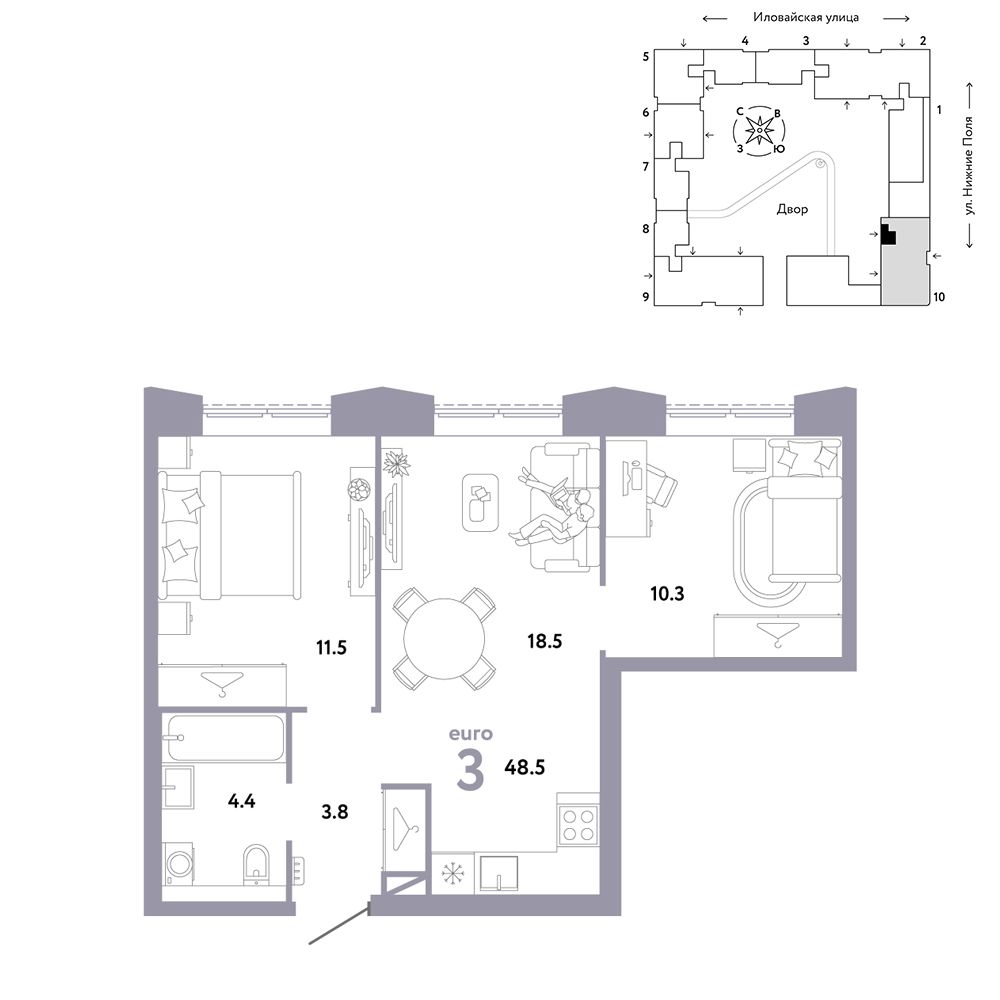 3-комнатная, 48,5 м² — 23 890 000 ₽