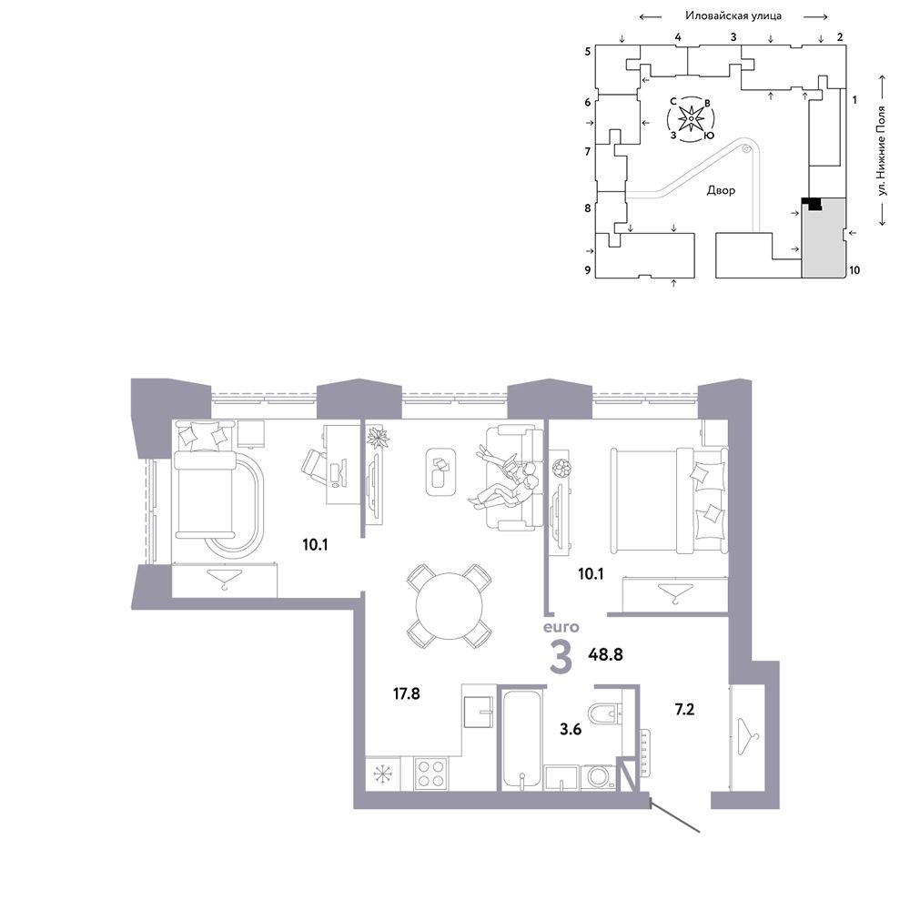 3-комнатная, 48,8 м² — 23 590 000 ₽
