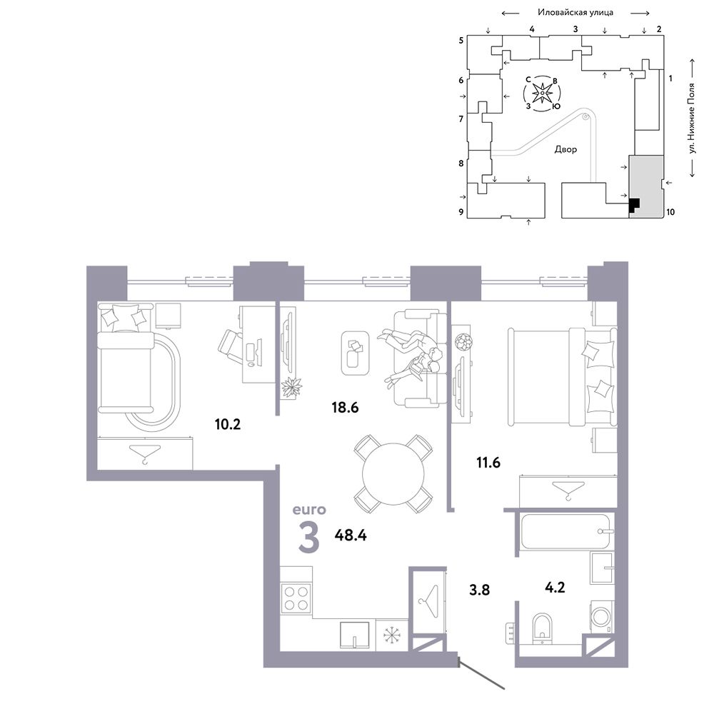 3-комнатная, 48,4 м² — 23 990 000 ₽