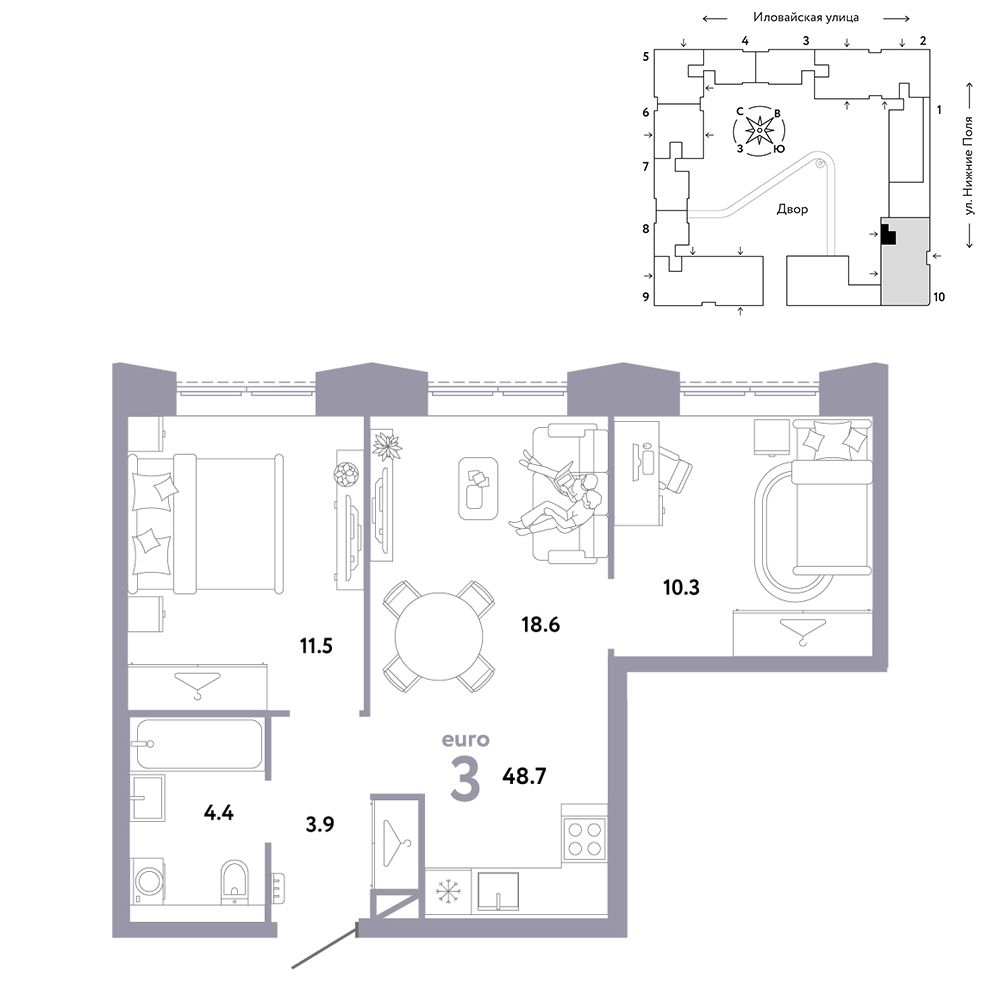 3-комнатная, 48,7 м² — 24 890 000 ₽