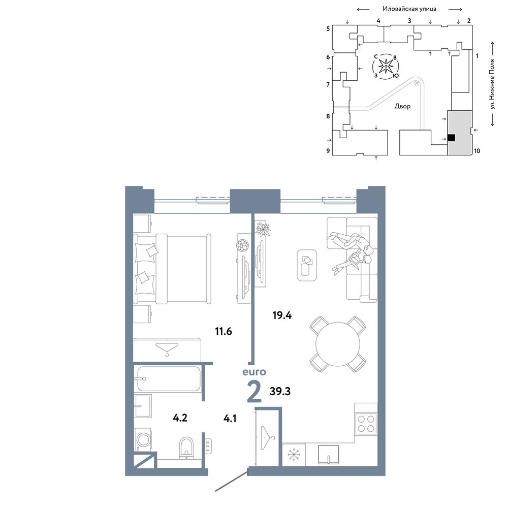 2-комнатная, 39,3 м² — 21 990 000 ₽