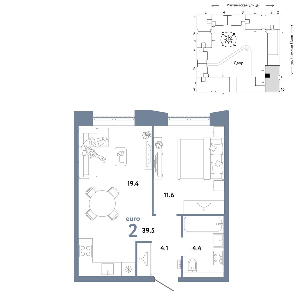 2-комнатная, 39,5 м² — 22 390 000 ₽