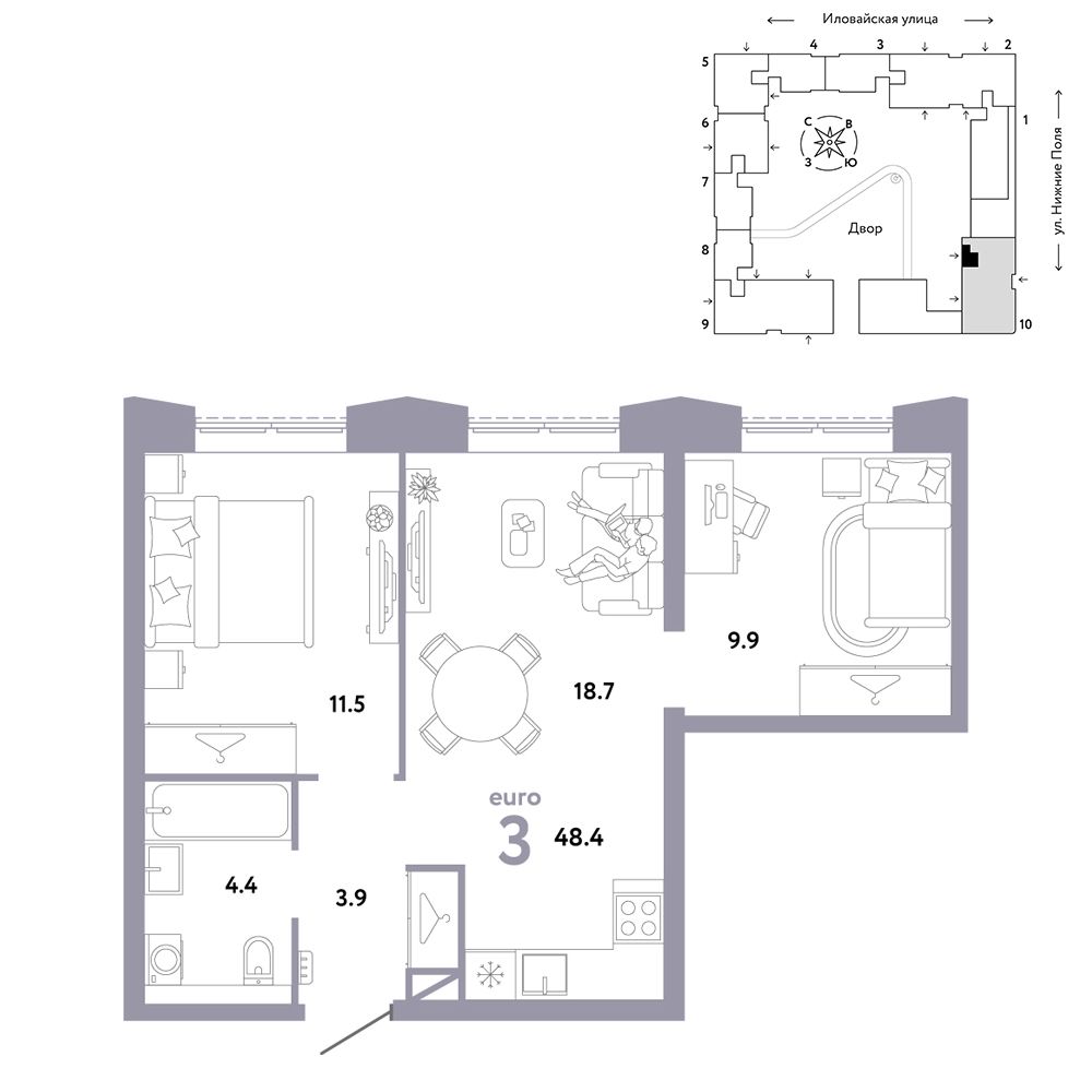 3-комнатная, 48,4 м² — 25 190 000 ₽