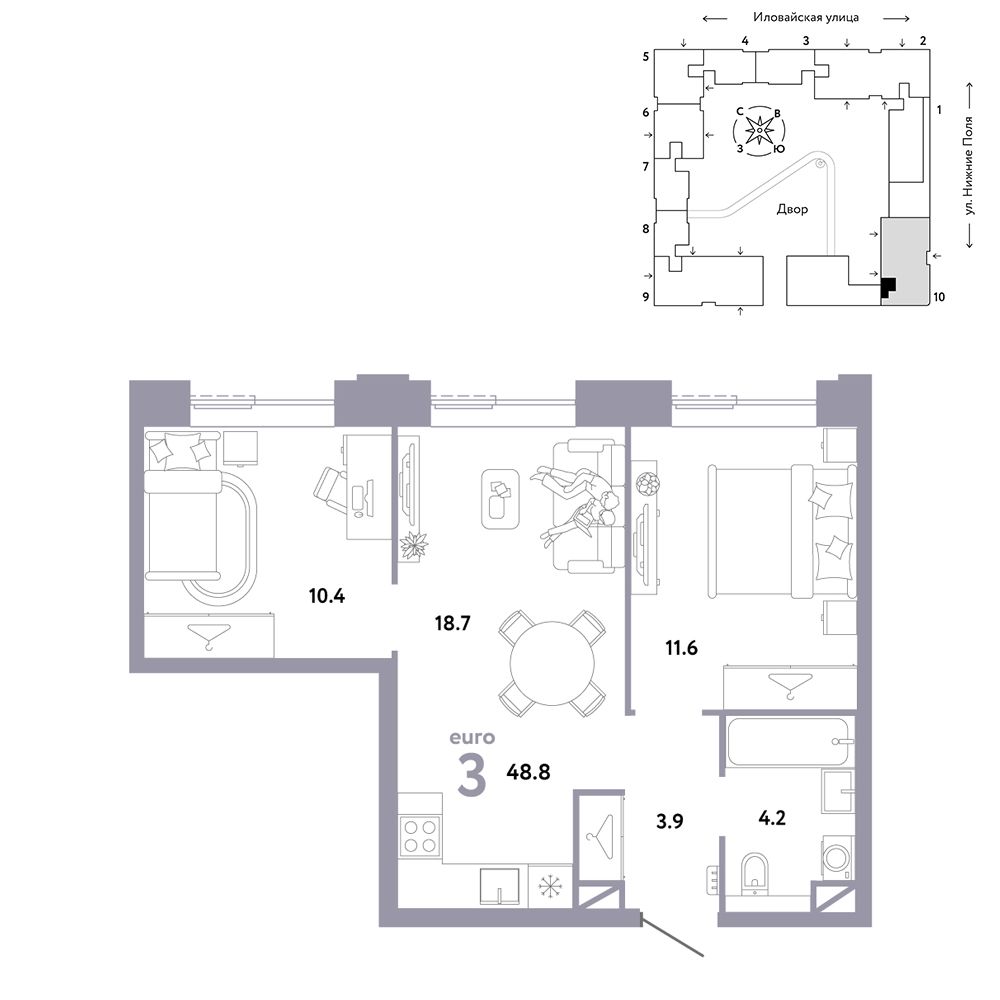 3-комнатная, 48,8 м² — 25 590 000 ₽
