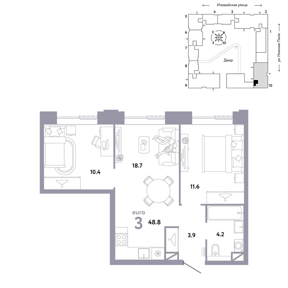 3-комнатная, 48,8 м² — 25 790 000 ₽
