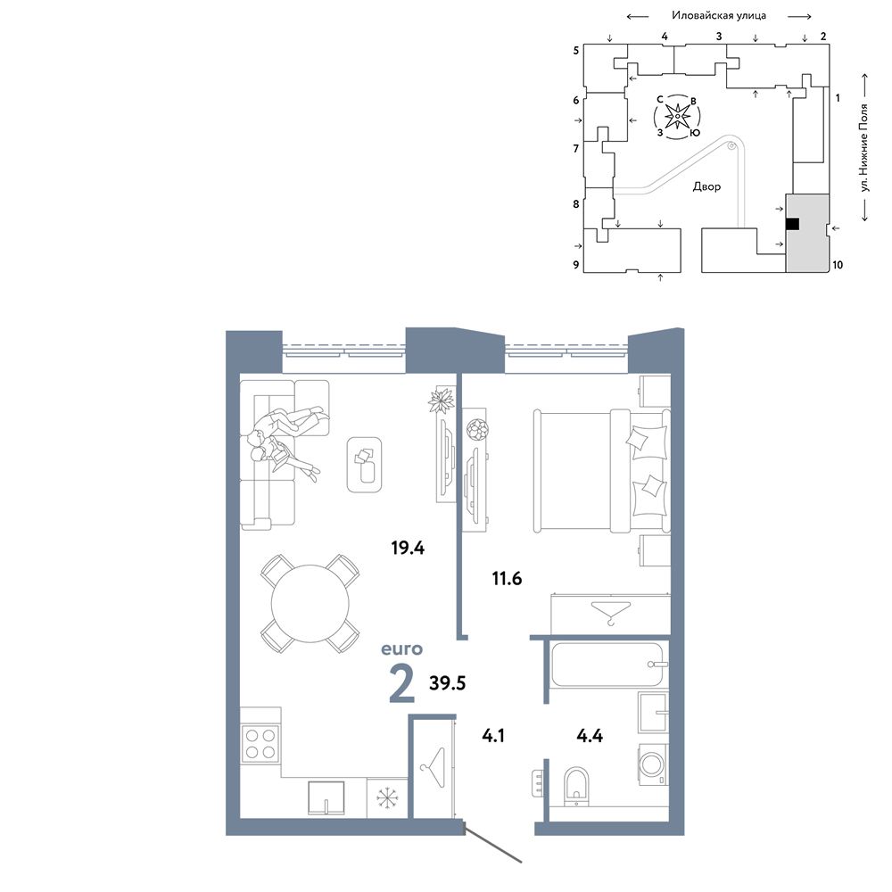 2-комнатная, 39,5 м² — 22 490 000 ₽