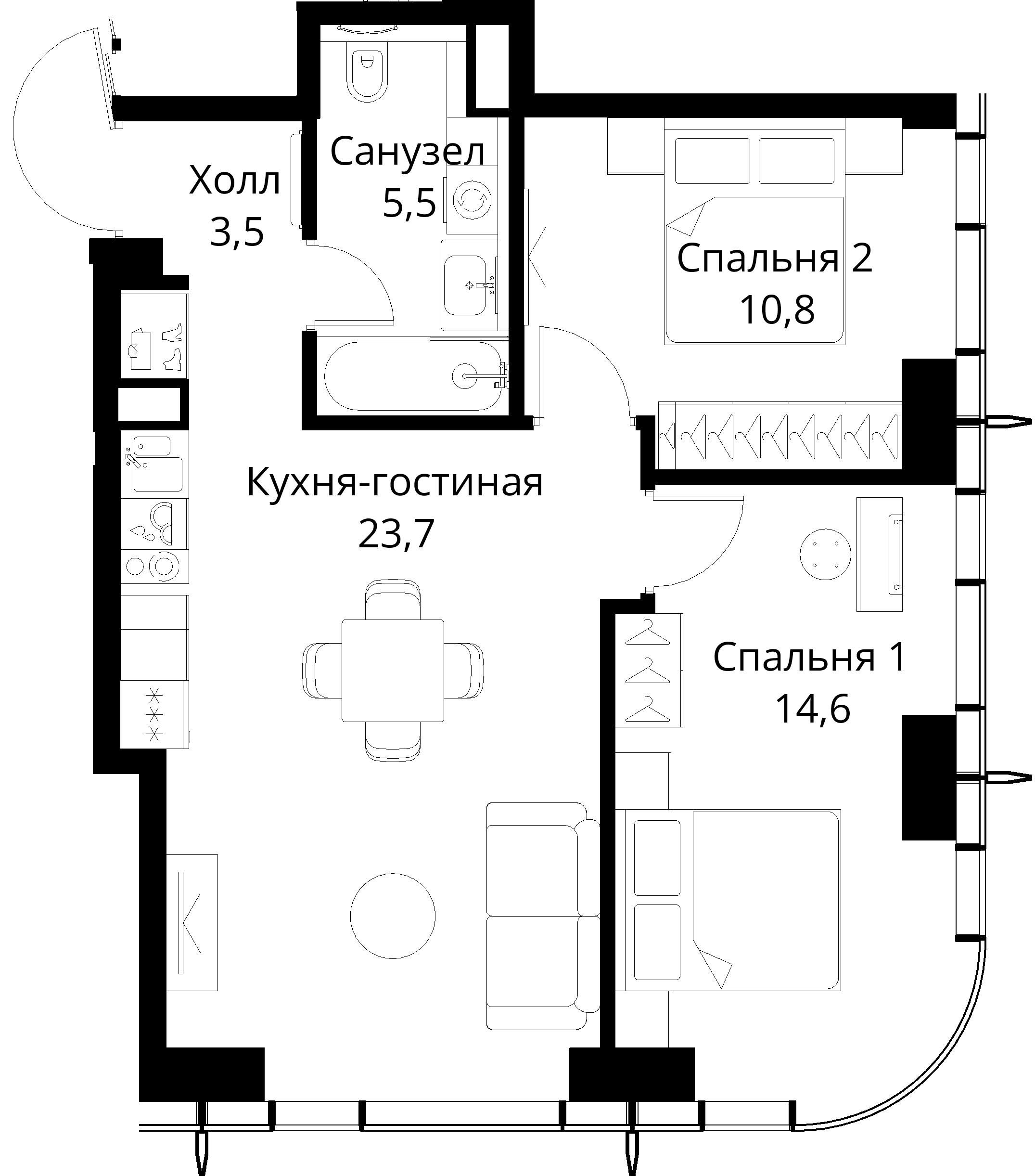 2-комнатная, 58,1 м² — 24 466 281 ₽