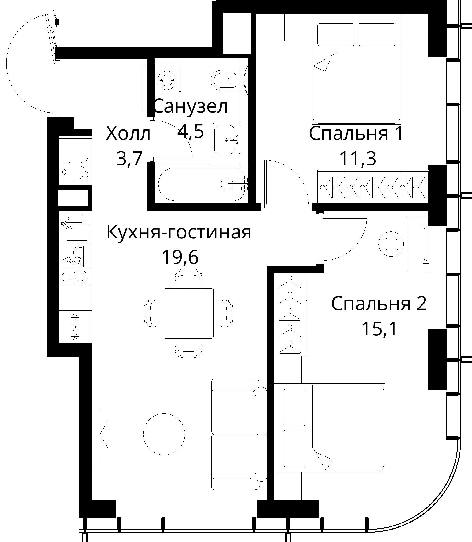 2-комнатная, 54,2 м² — 26 088 275 ₽