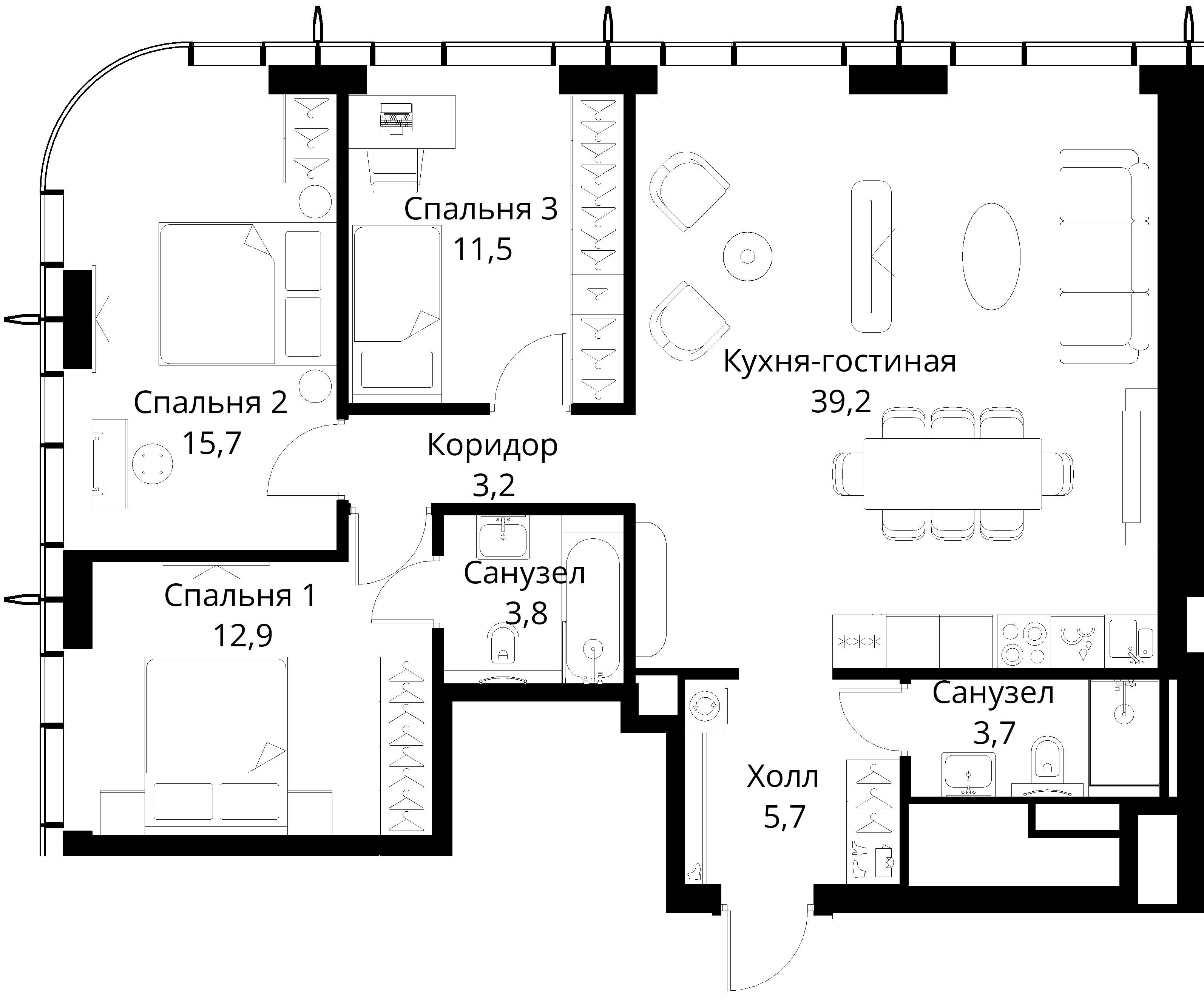 3-комнатная, 95,7 м² — 34 966 885 ₽