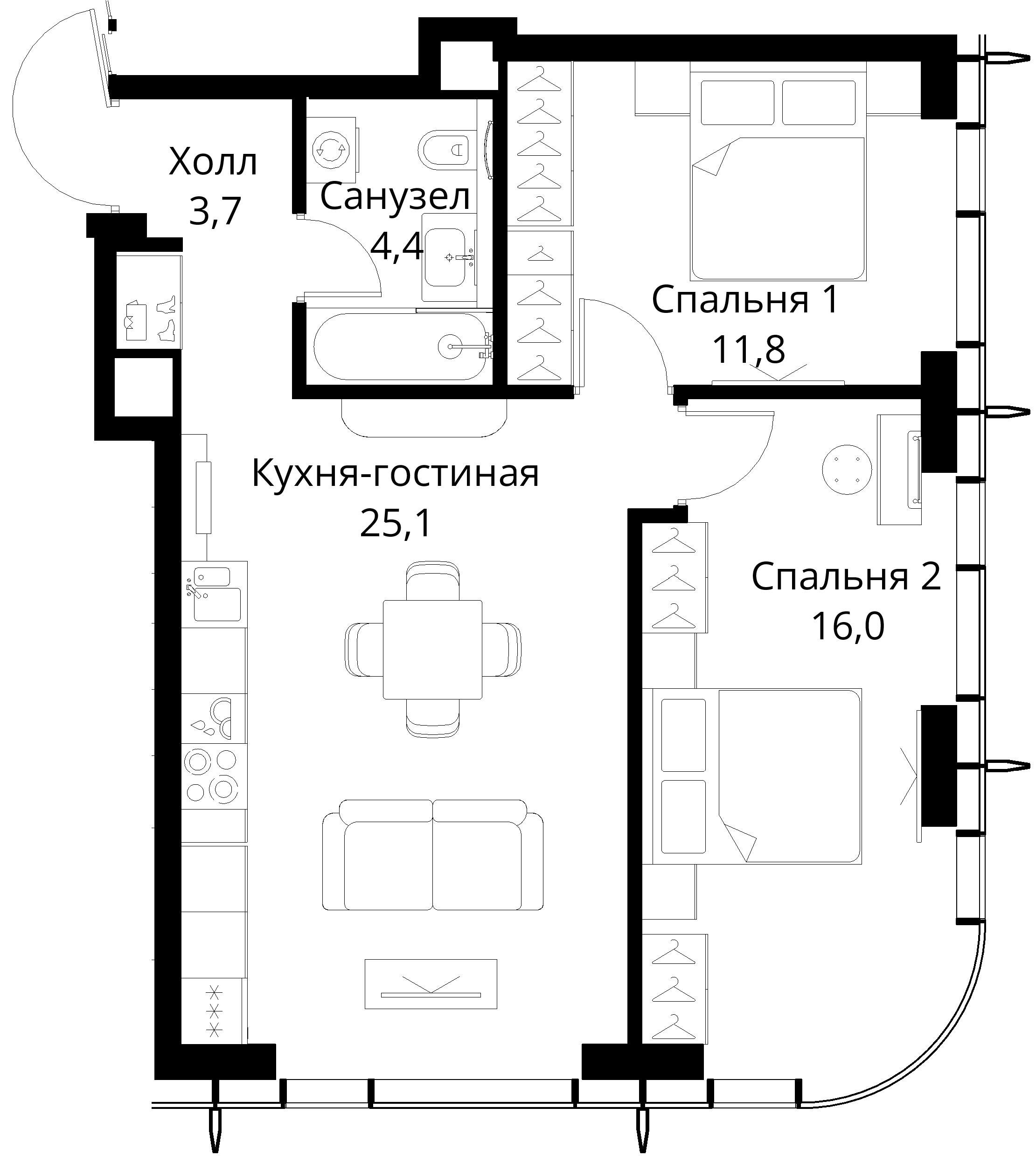 2-комнатная, 61 м² — 28 026 120 ₽