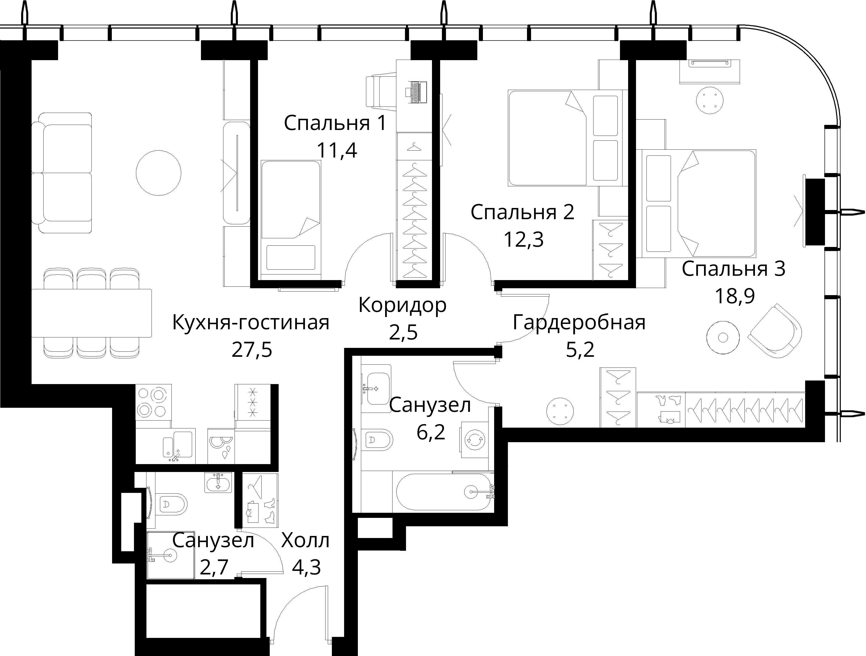 3-комнатная, 91 м² — 32 855 904 ₽