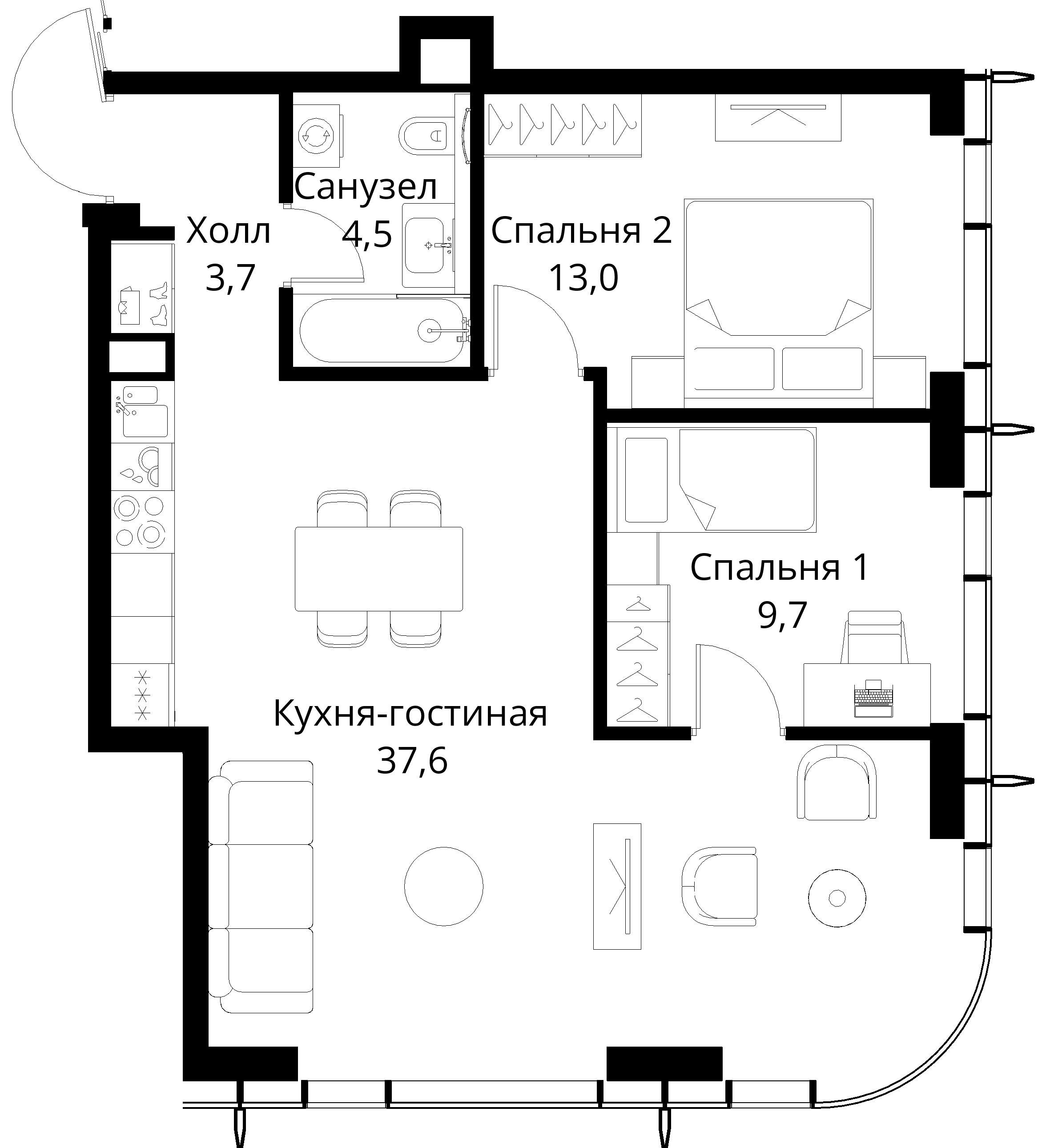 2-комнатная, 68,5 м² — 29 853 149 ₽