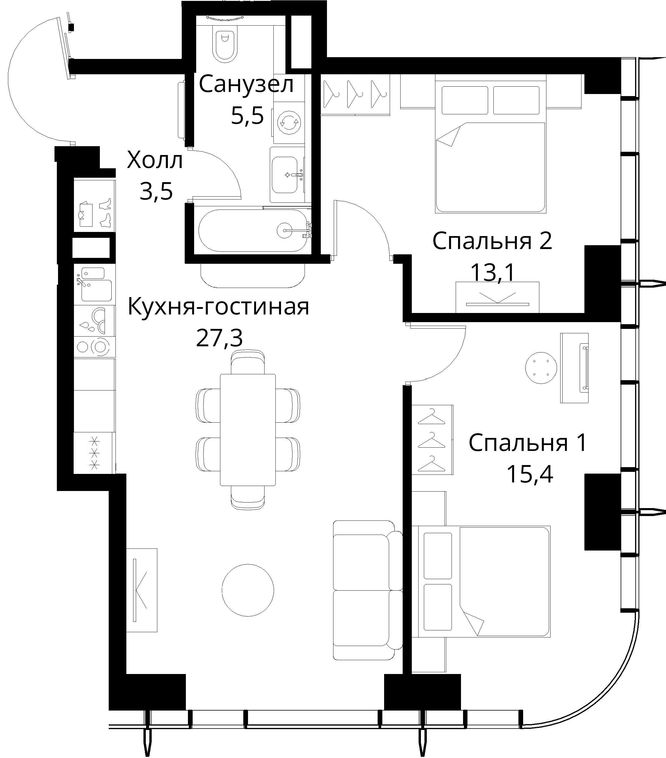 2-комнатная, 64,8 м² — 26 155 761 ₽