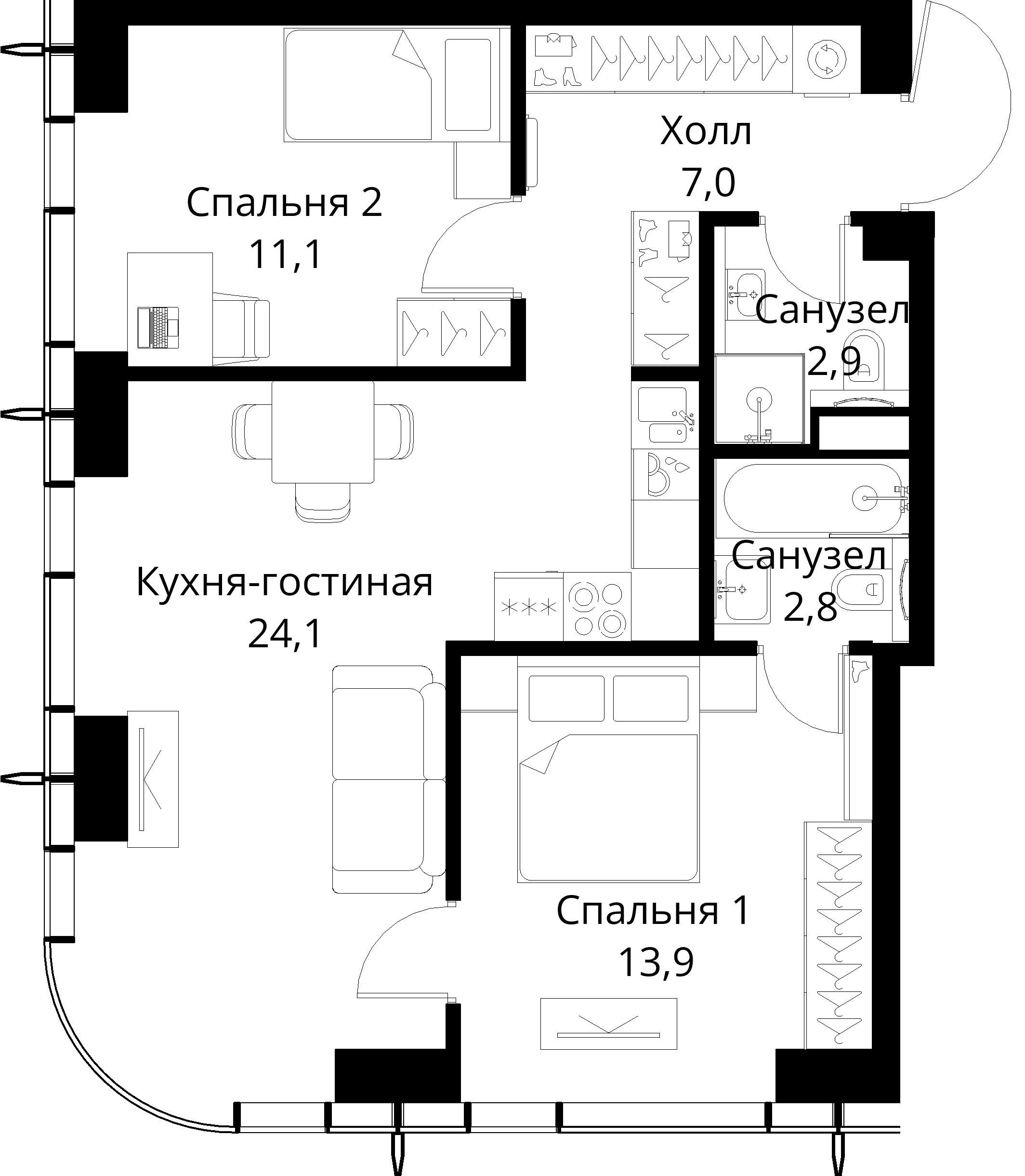 2-комнатная, 61,8 м² — 25 444 703 ₽