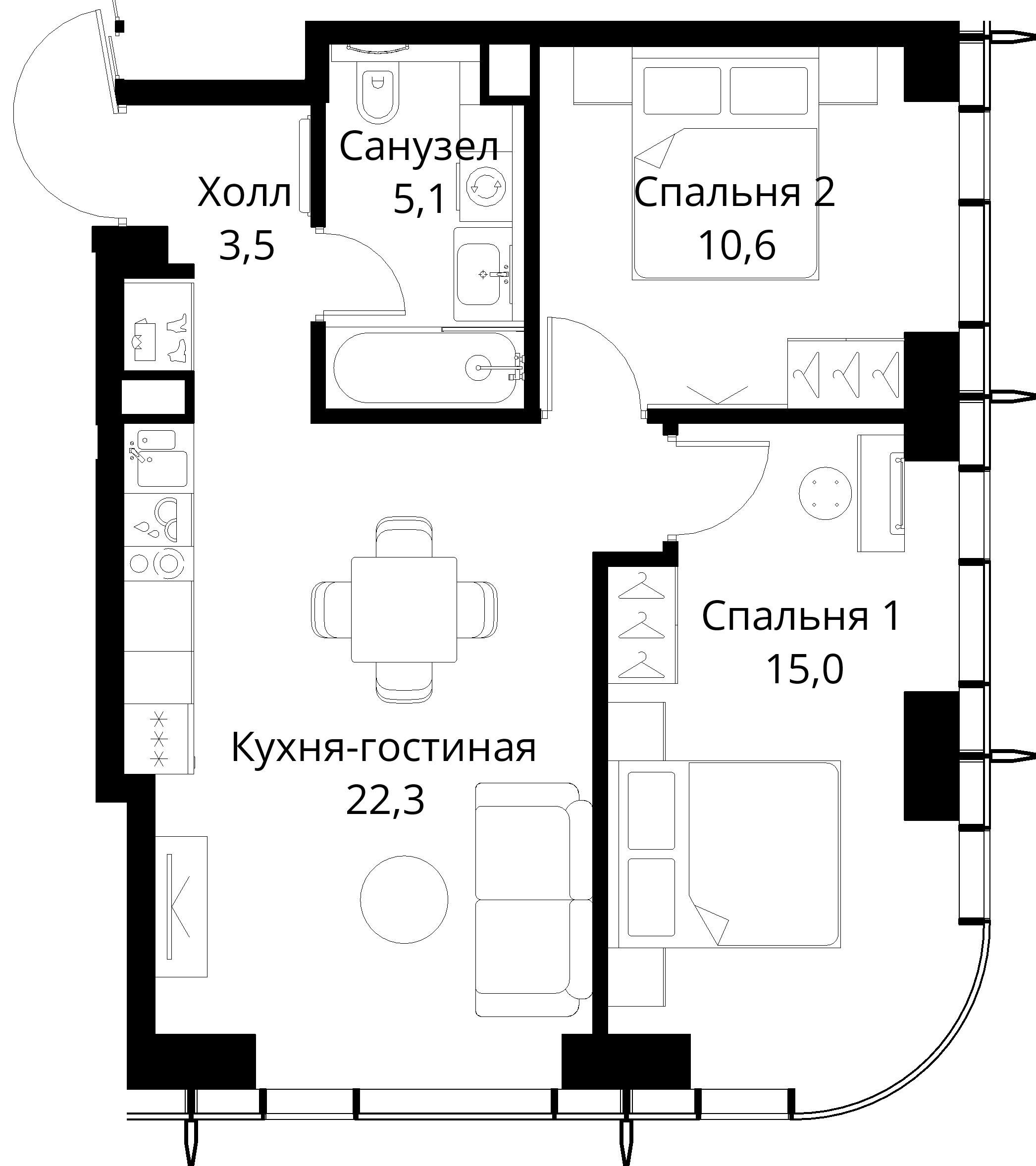 2-комнатная, 56,5 м² — 25 244 991 ₽