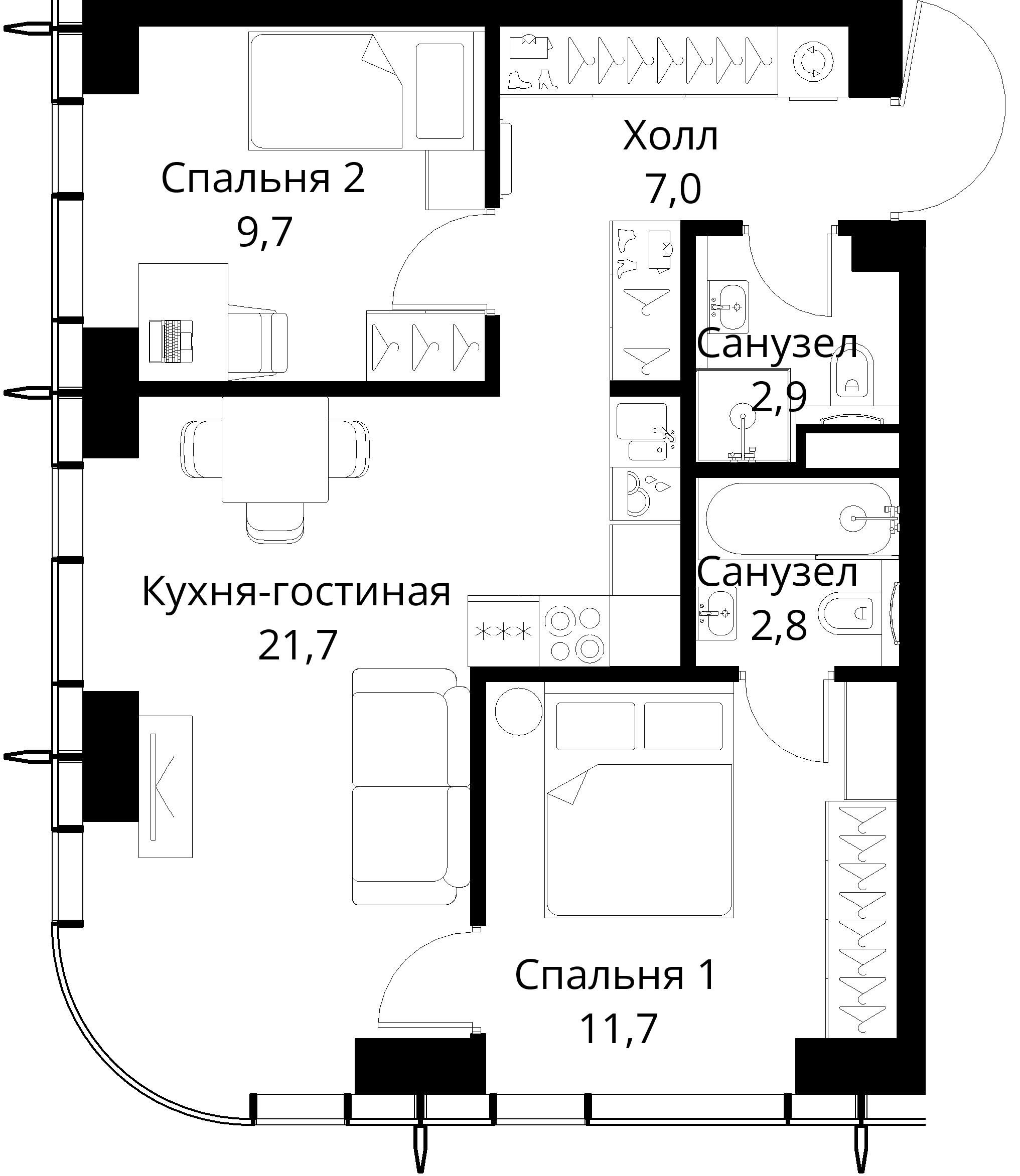 2-комнатная, 55,8 м² — 24 728 227 ₽