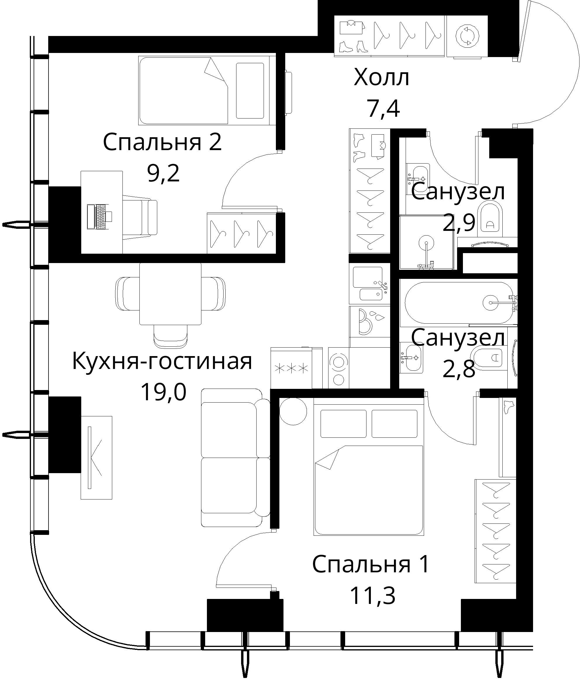 2-комнатная, 52,6 м² — 23 962 277 ₽