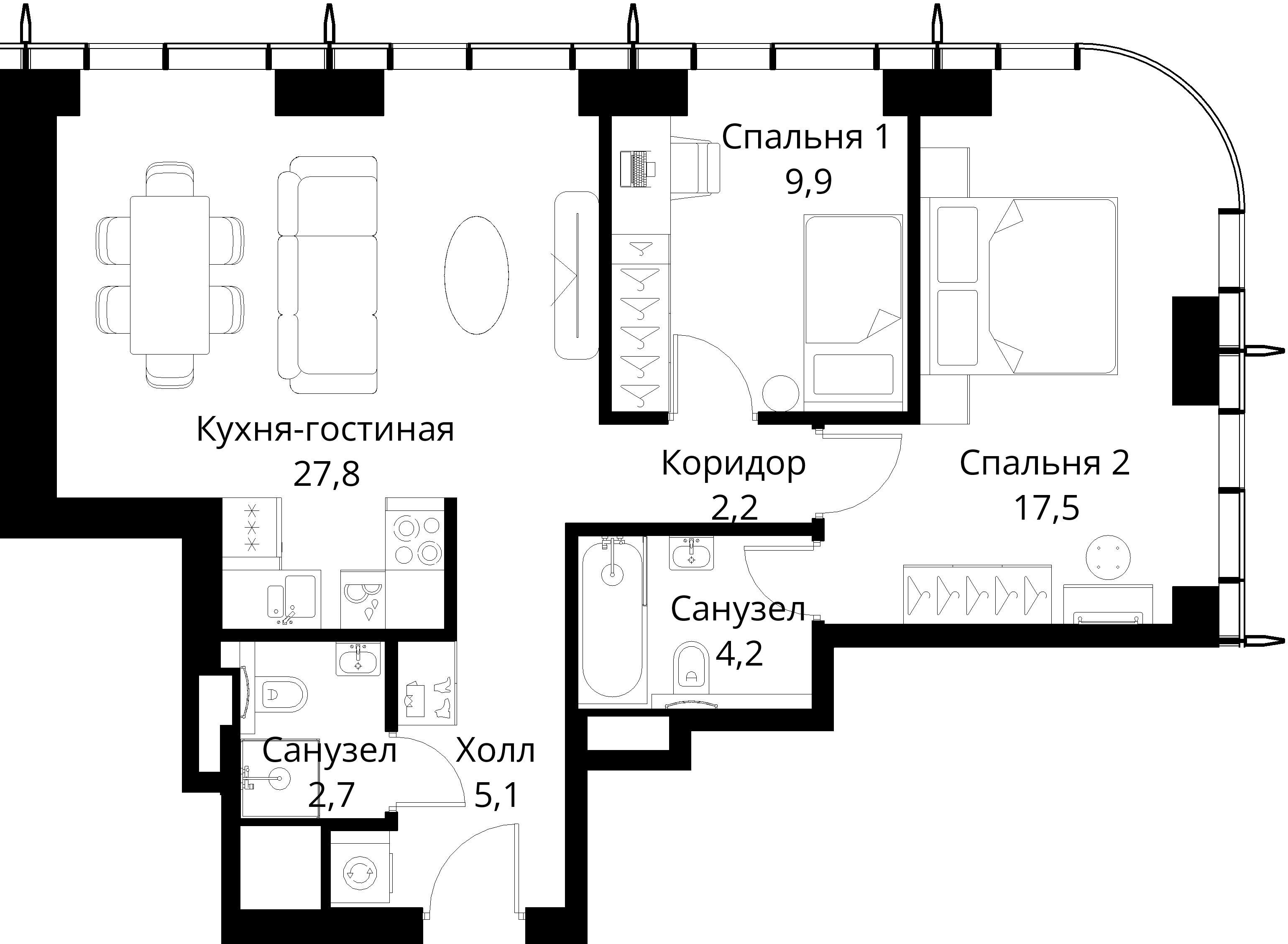 2-комнатная, 69,4 м² — 26 364 865 ₽