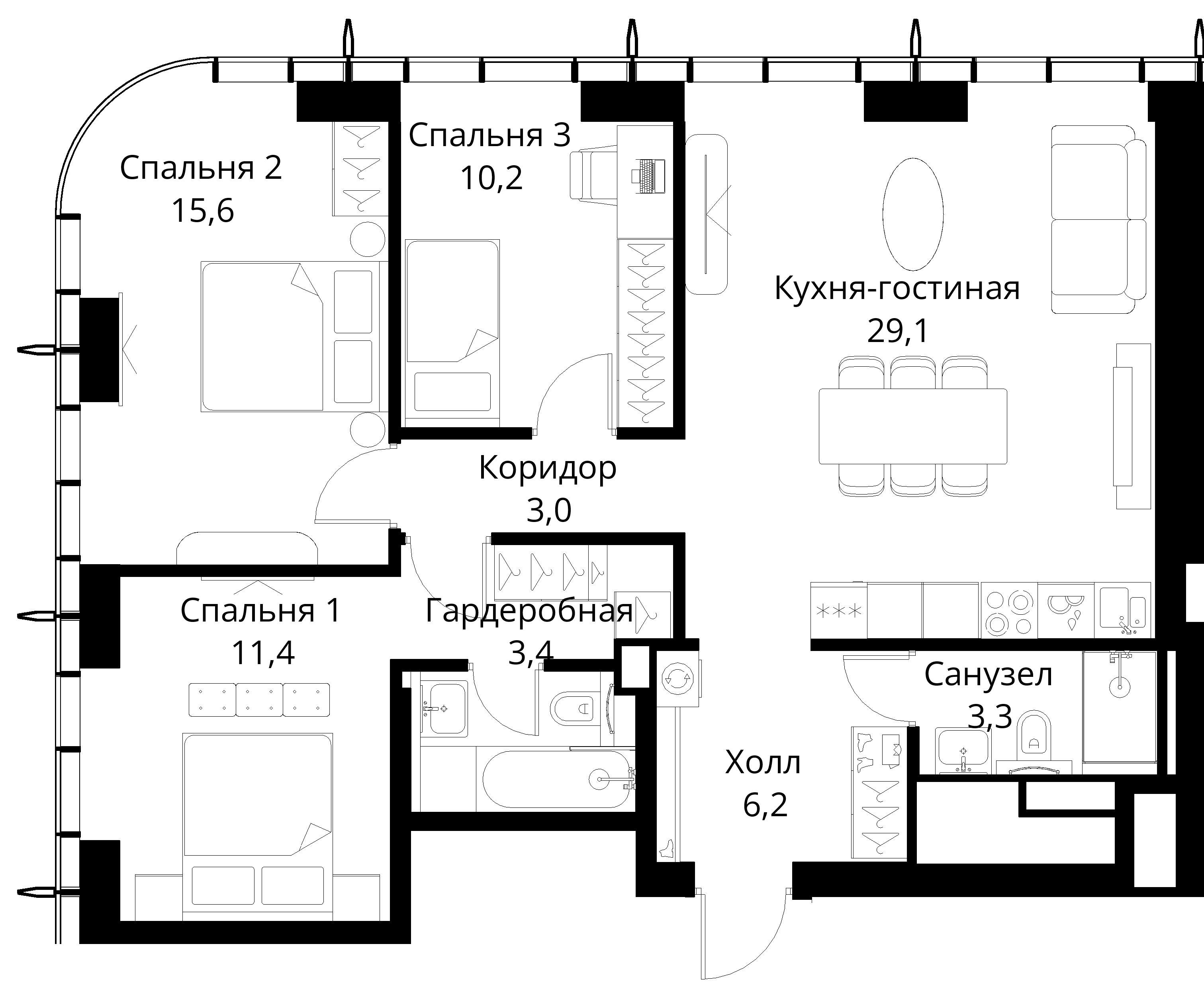 3-комнатная, 85,7 м² — 30 901 440 ₽