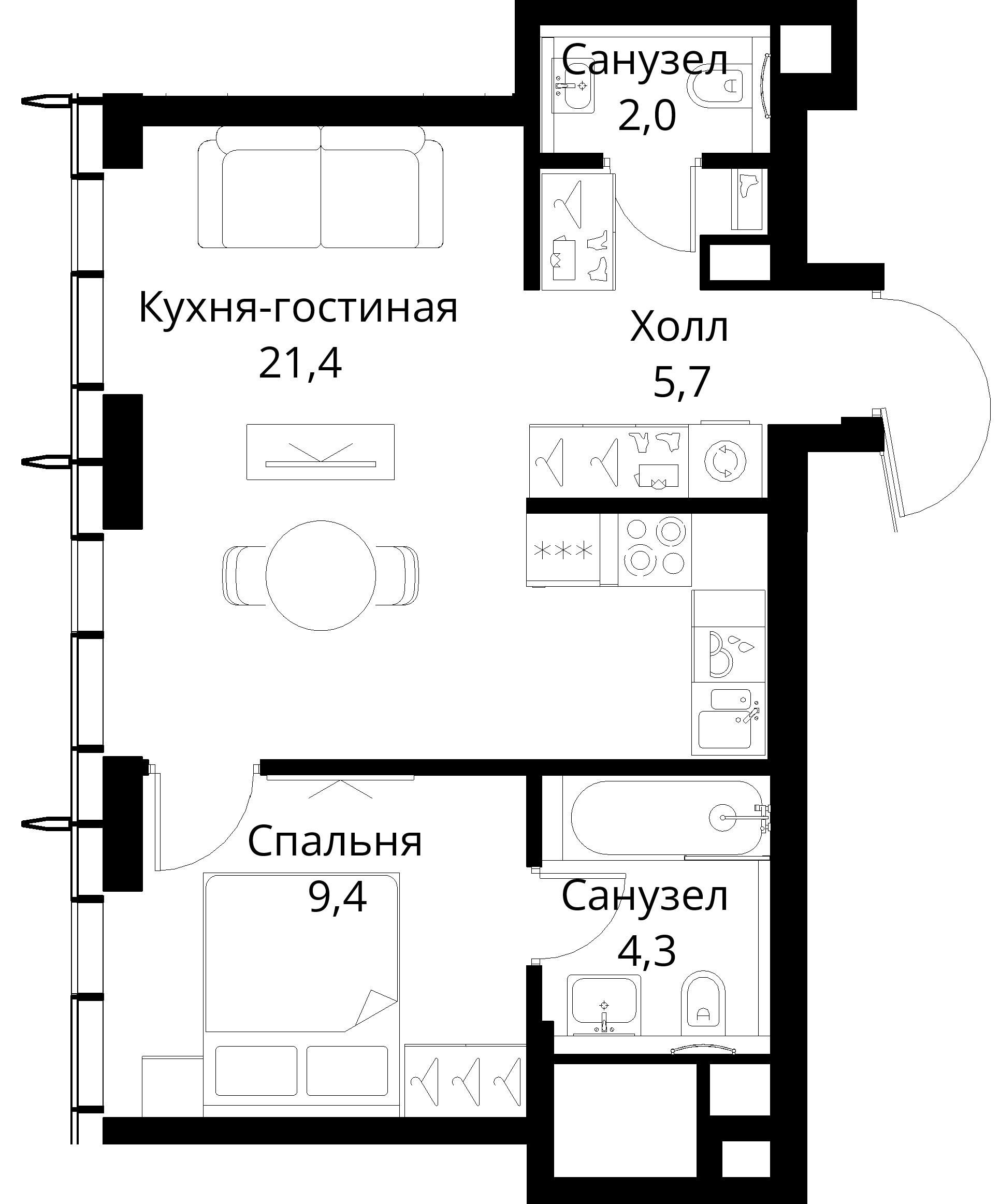 1-комнатная, 42,8 м² — 21 555 483 ₽