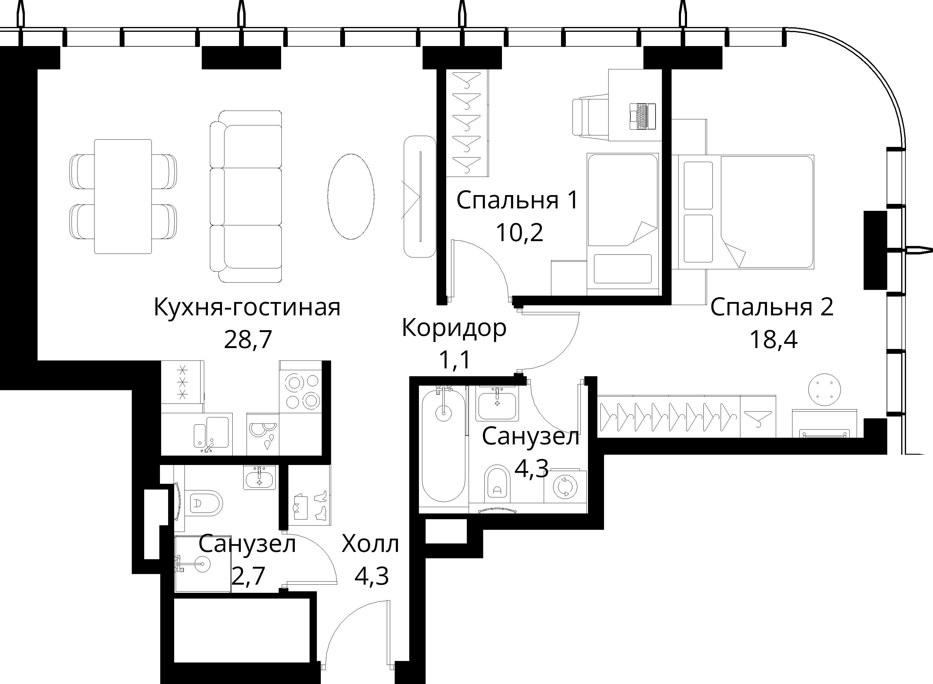 2-комнатная, 69,7 м² — 27 585 893 ₽