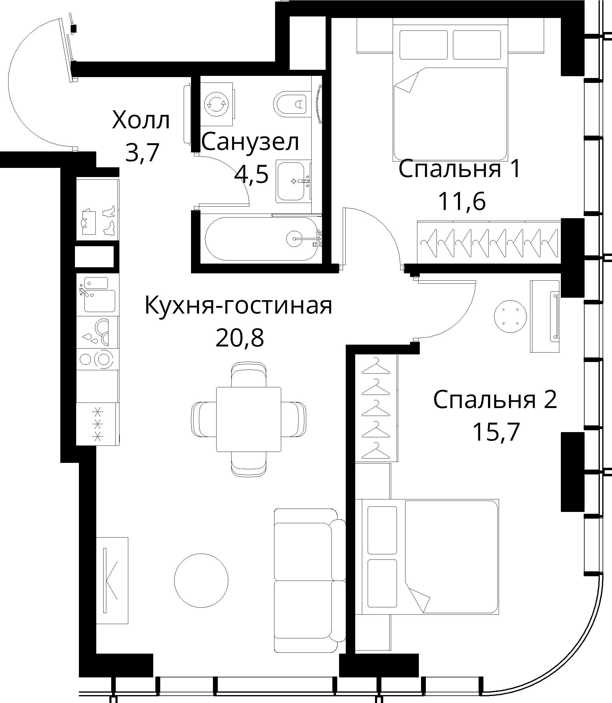 2-комнатная, 56,3 м² — 29 094 916 ₽
