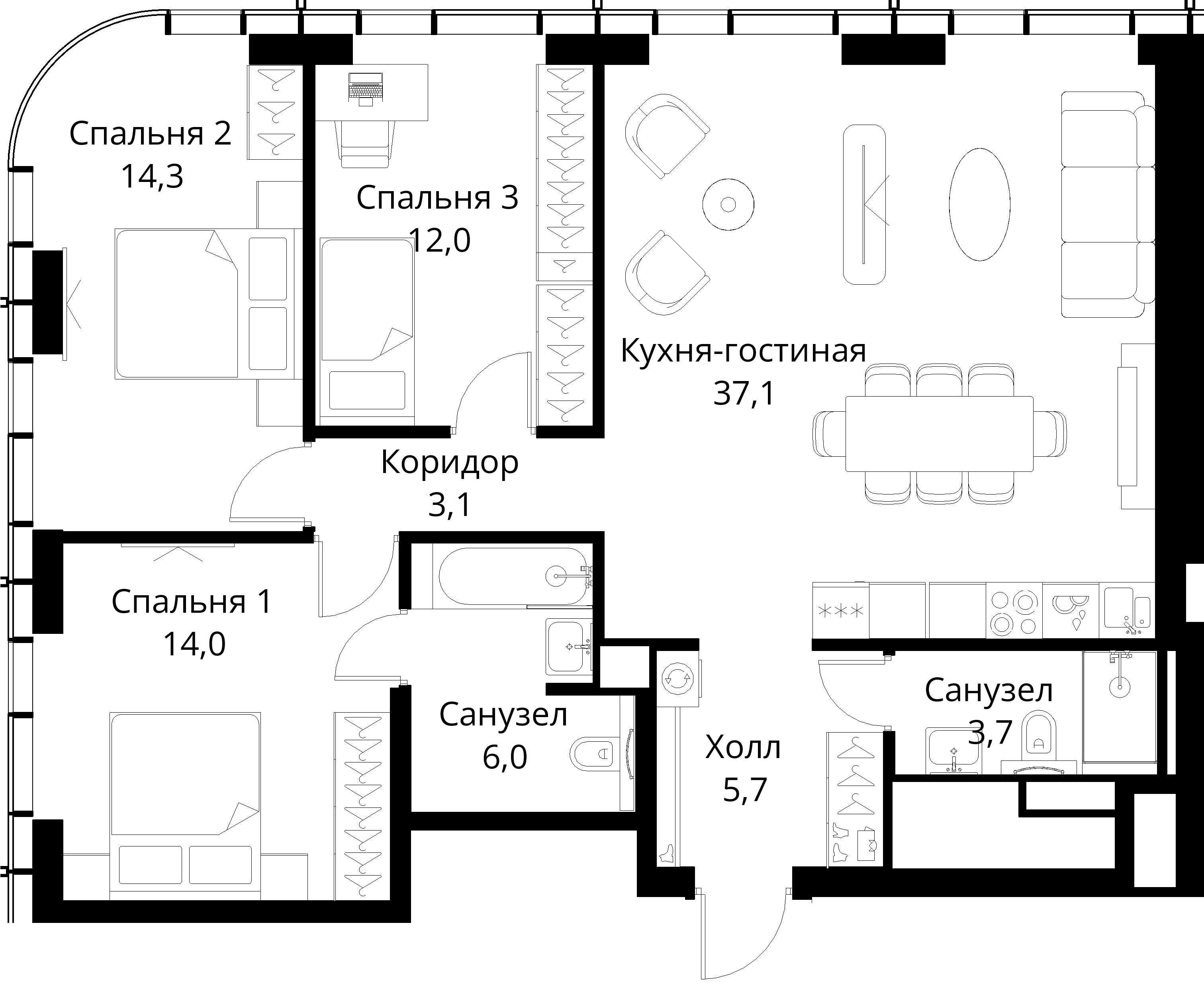 3-комнатная, 95,9 м² — 34 010 282 ₽