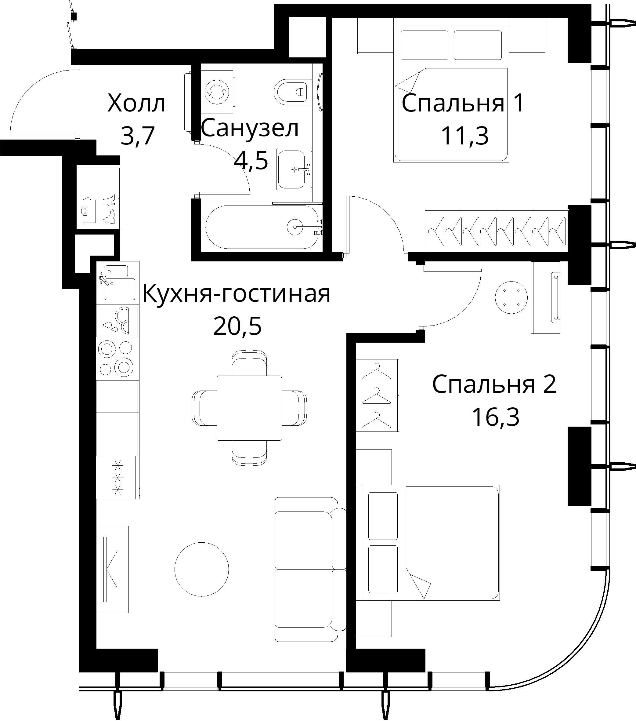2-комнатная, 56,3 м² — 29 121 467 ₽