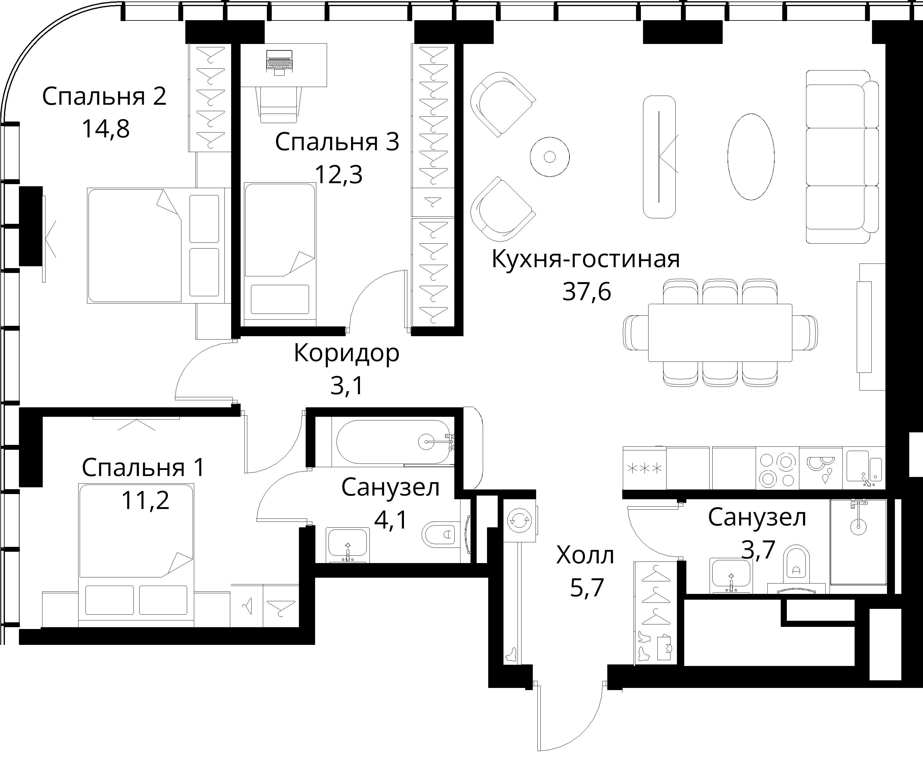 3-комнатная, 92,5 м² — 32 864 103 ₽