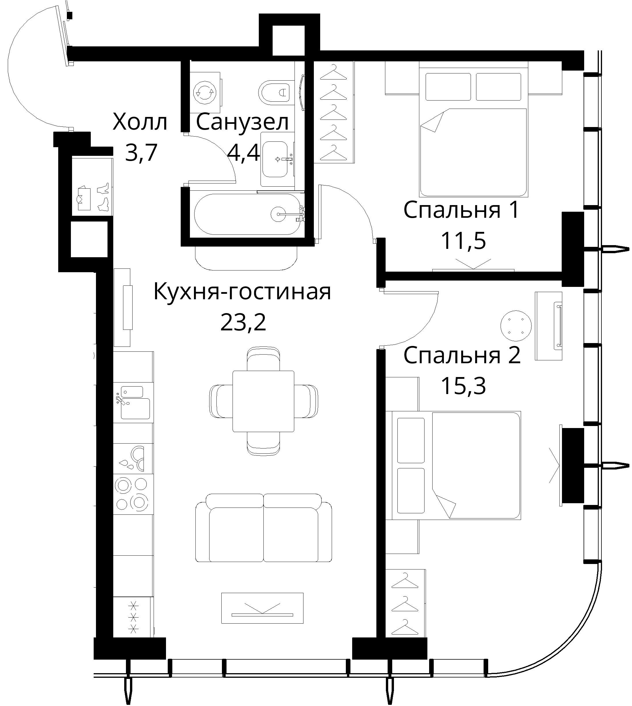 2-комнатная, 58,1 м² — 29 959 503 ₽