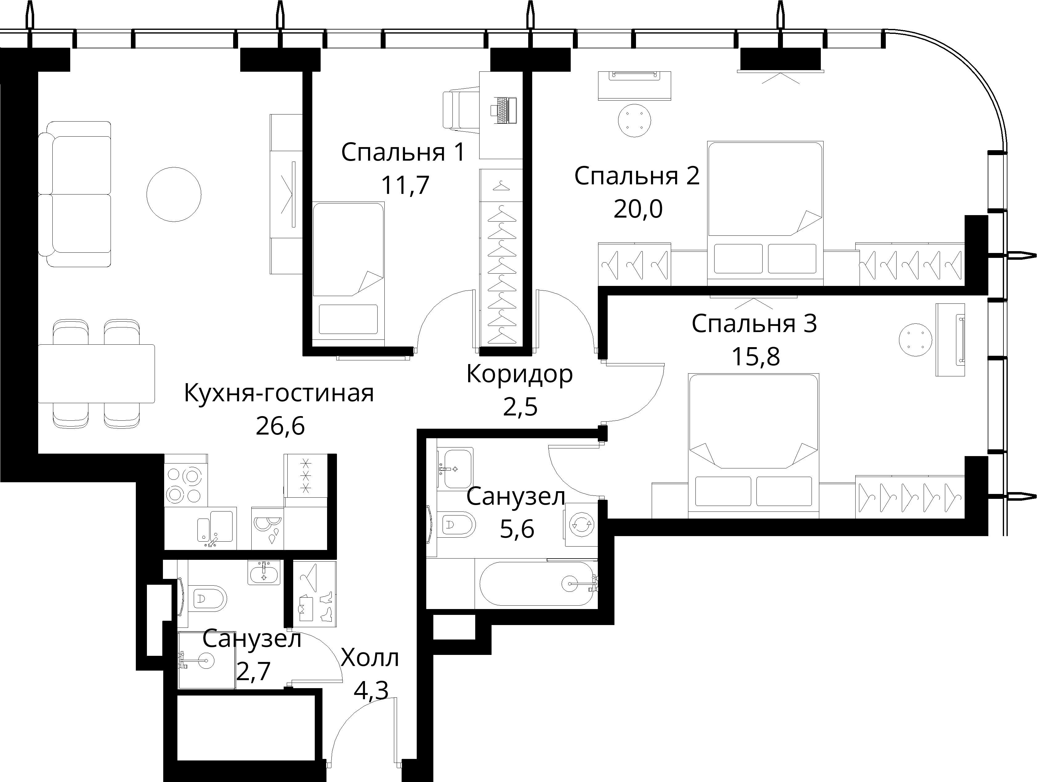 3-комнатная, 89,2 м² — 32 697 160 ₽