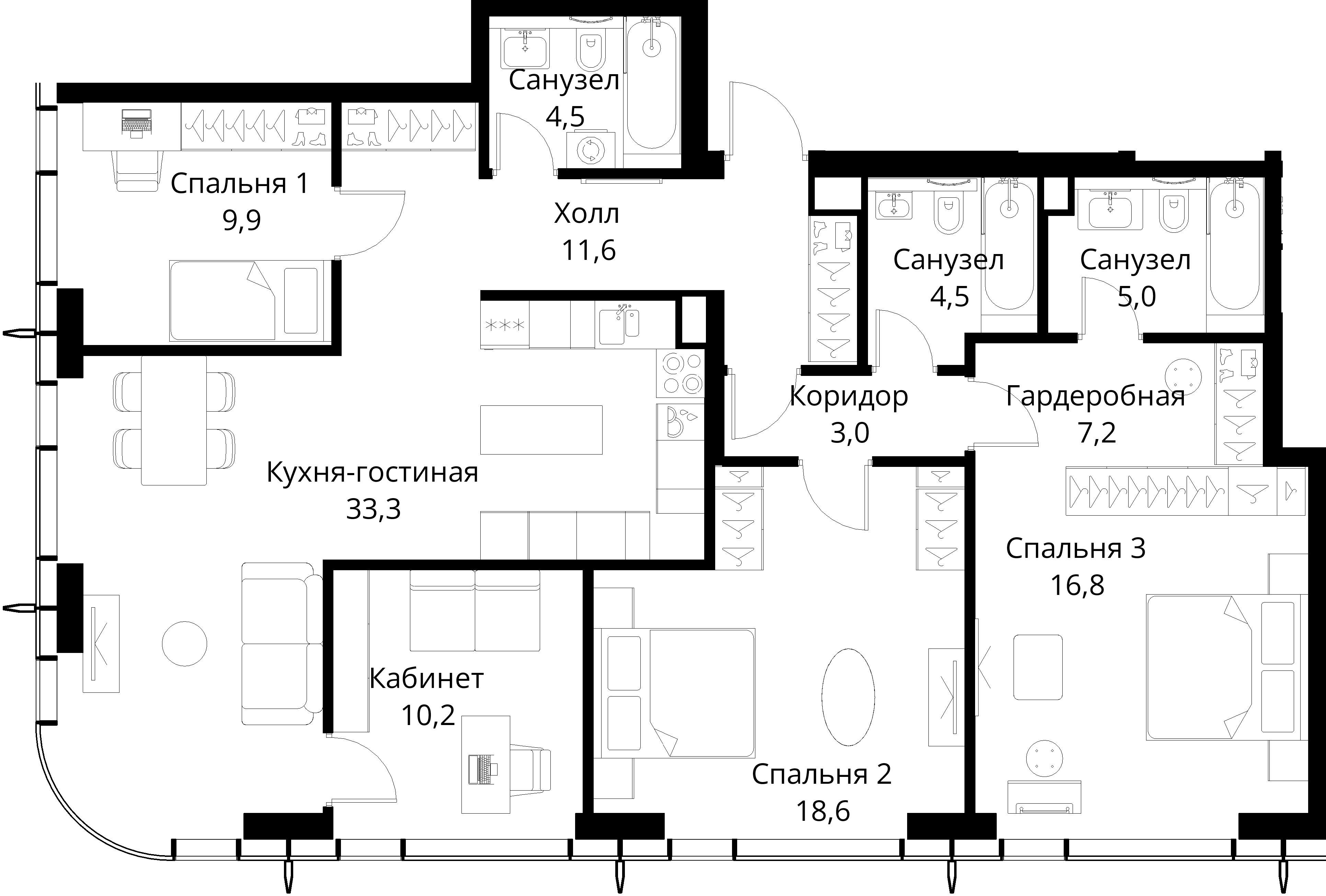 3-комнатная, 124,6 м² — 49 550 292 ₽