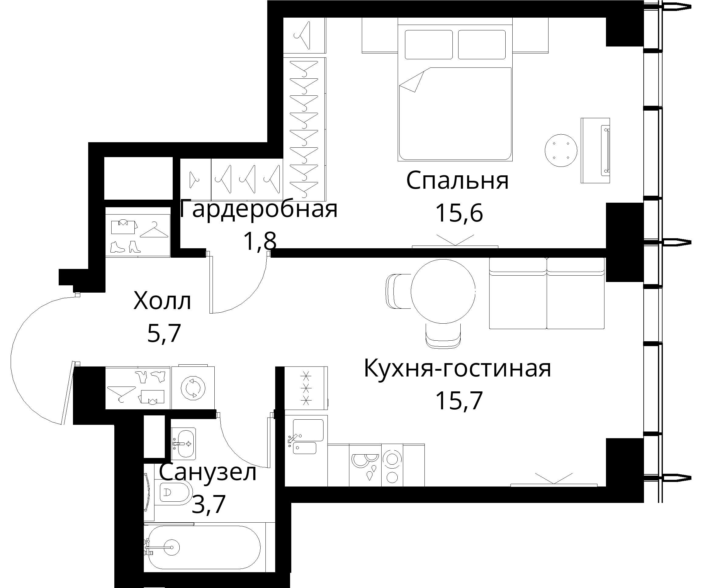 1-комнатная, 42,5 м² — 20 472 012 ₽