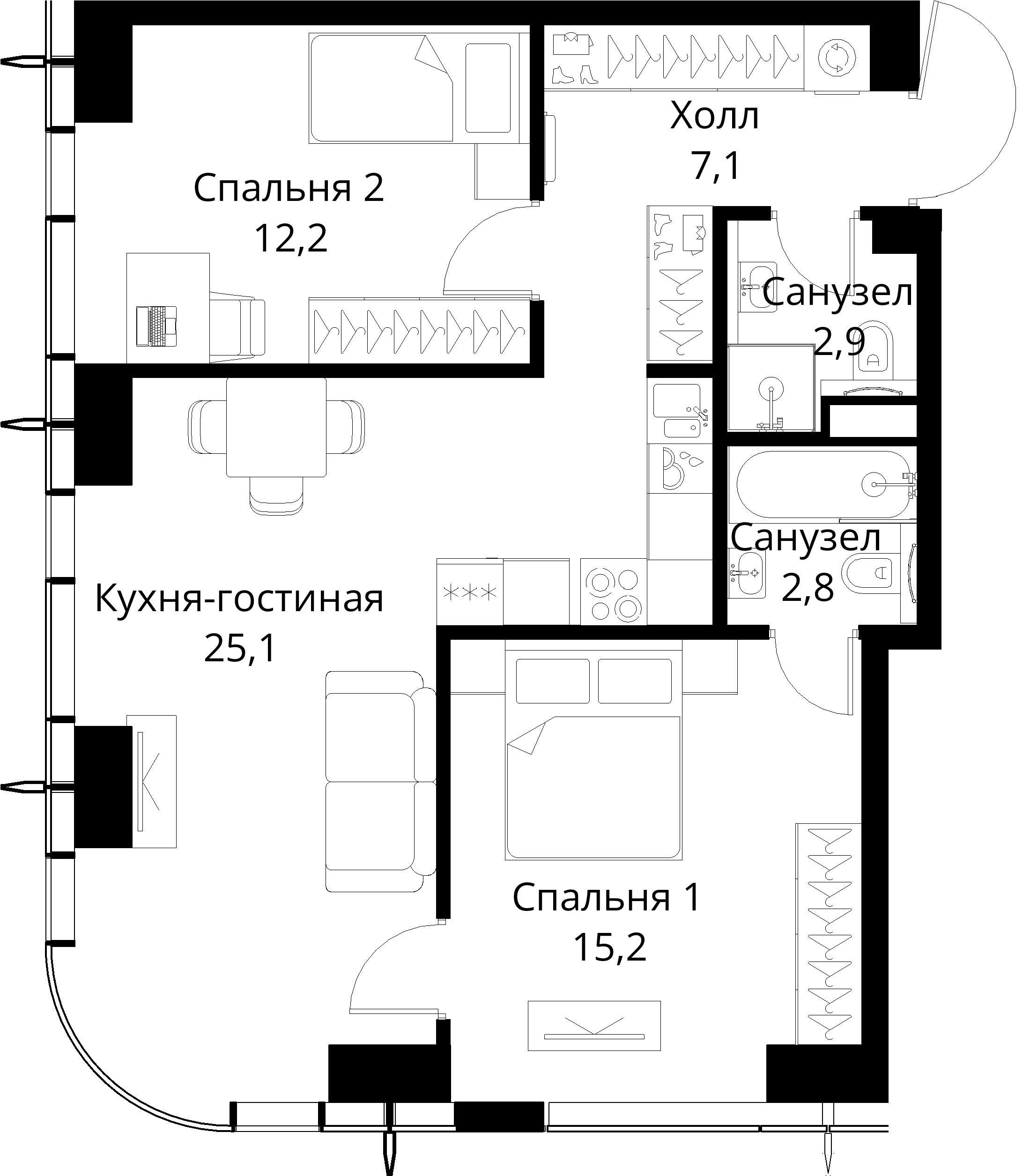 2-комнатная, 65,3 м² — 26 744 111 ₽