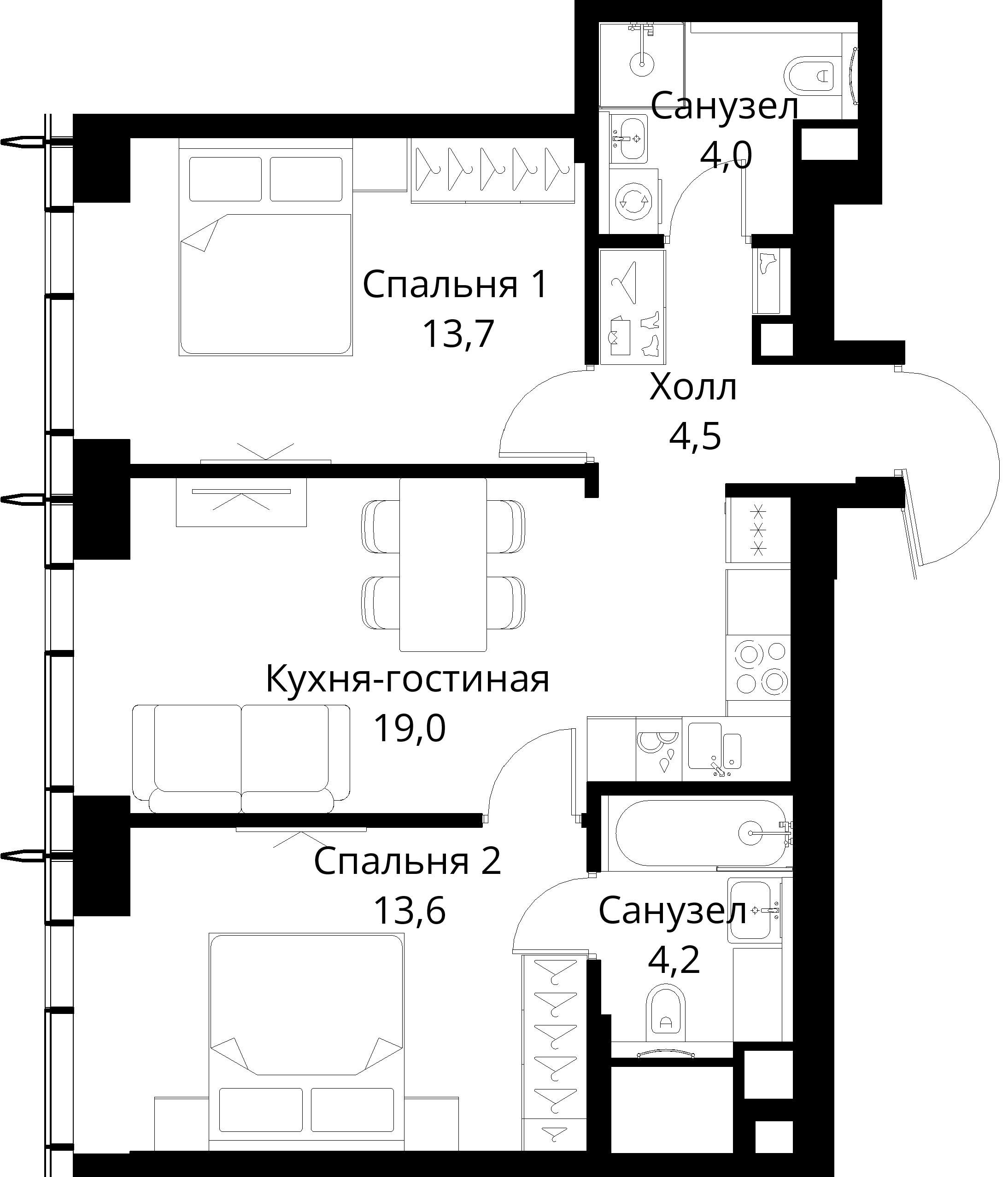 2-комнатная, 59 м² — 24 618 381 ₽