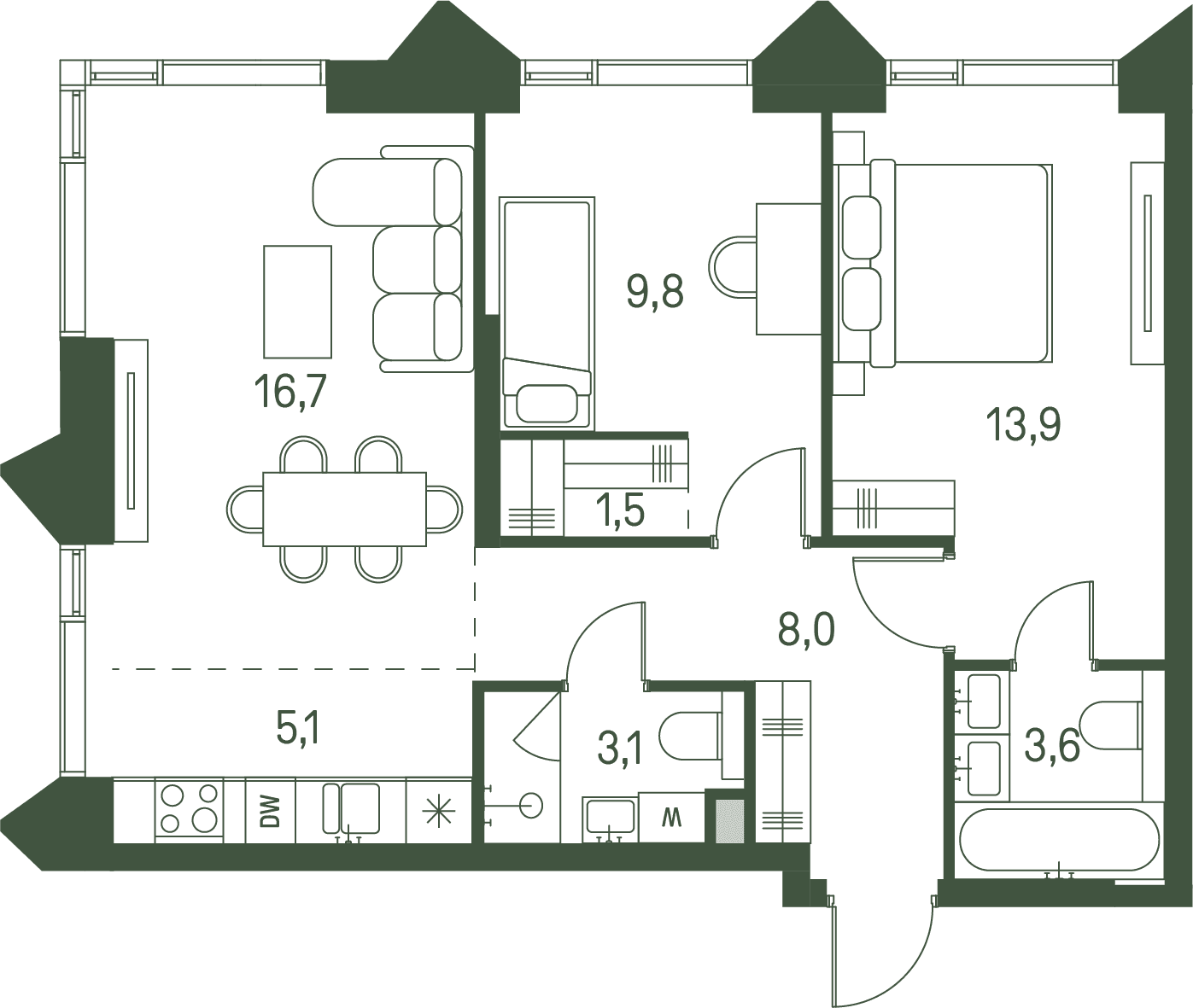 2-комнатная, 61,7 м² — 44 590 590 ₽