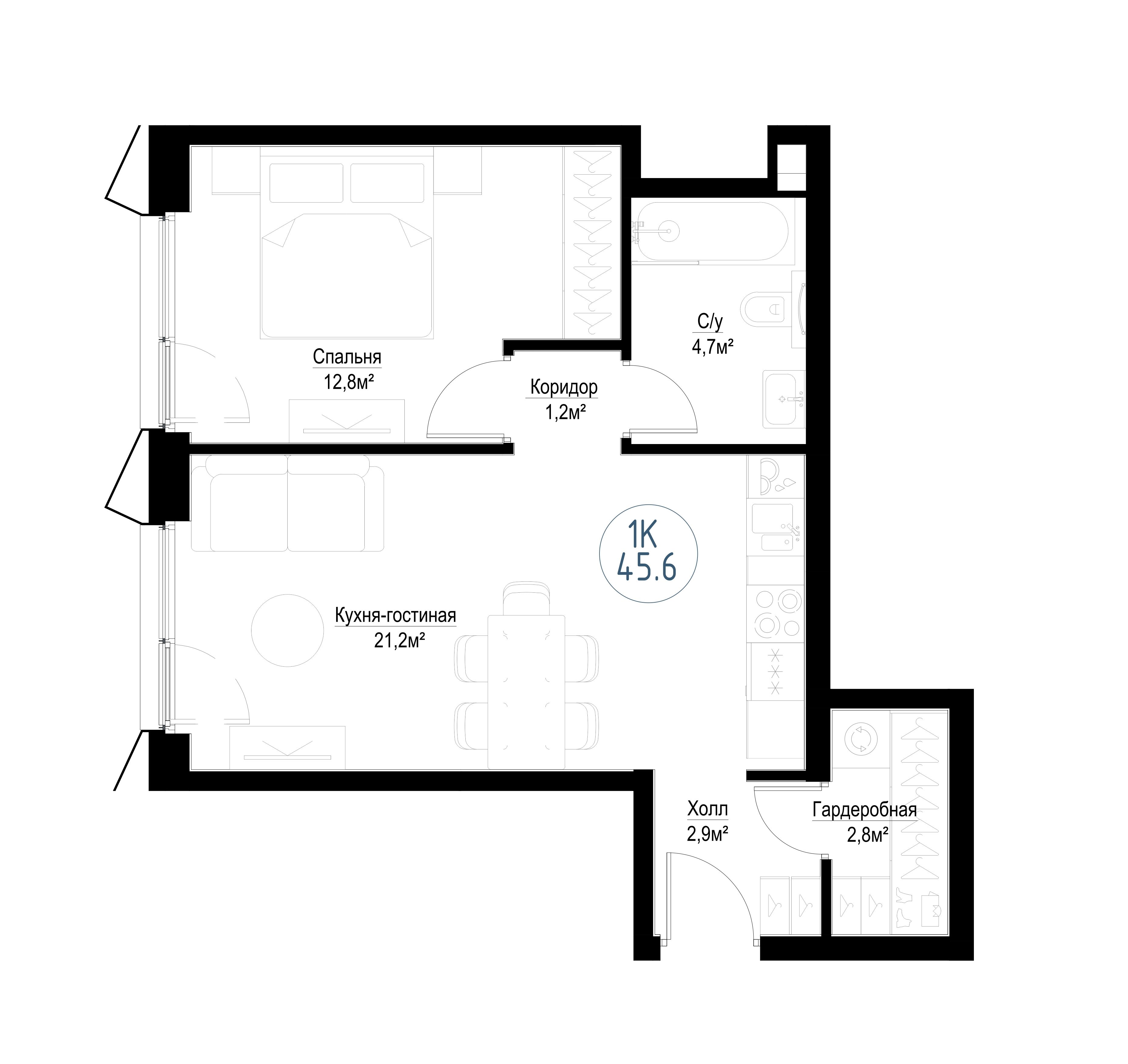 1-комнатная, 44,8 м² — 23 927 232 ₽